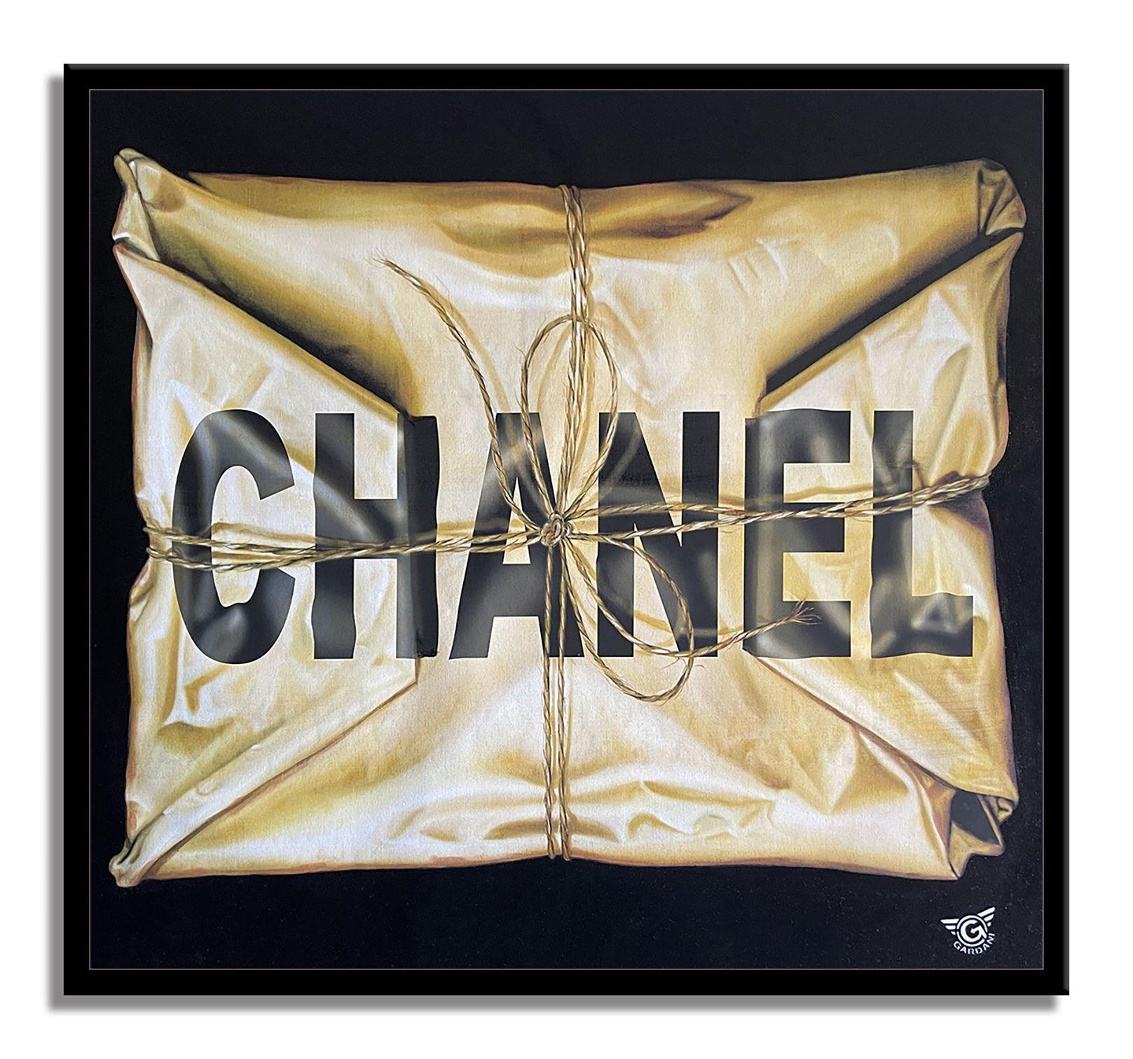 Enveloppé avec Chanel noir, Peinture, Huile sur toile en vente 1