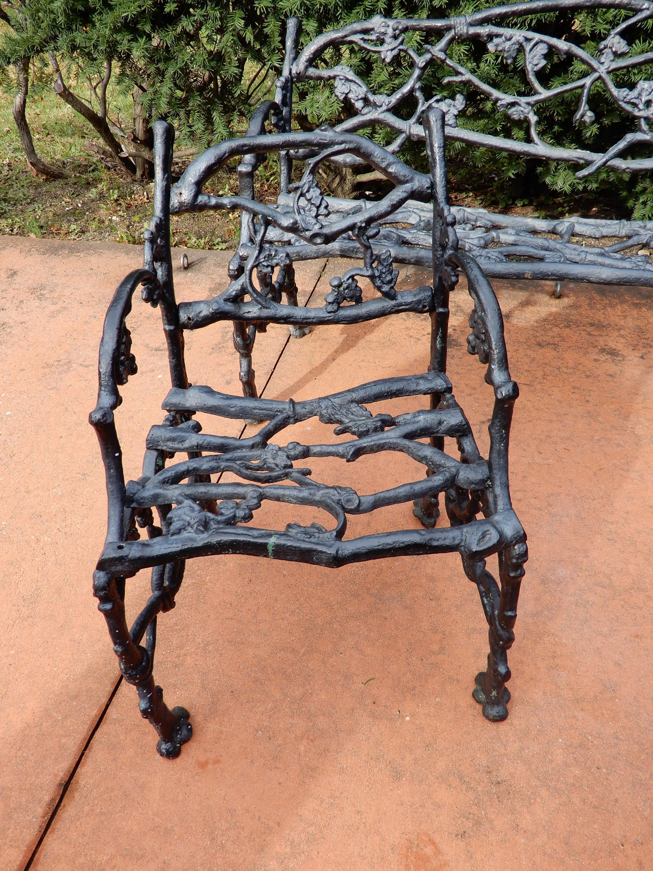 Garden Antique Rustic or Twig Cast Iron Bench & Chair For Sale 3