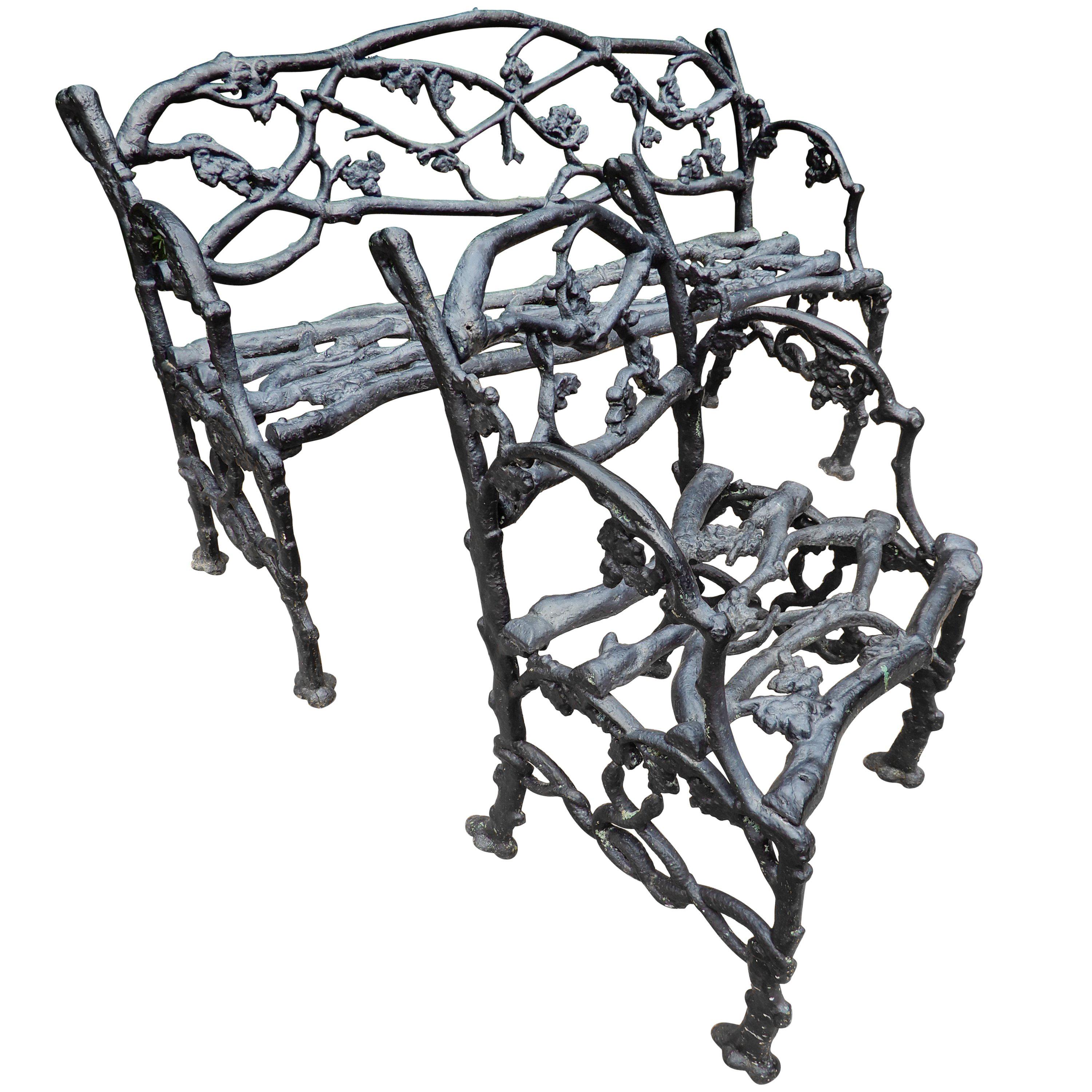 Garden Antique Rustic or Twig Cast Iron Bench & Chair For Sale