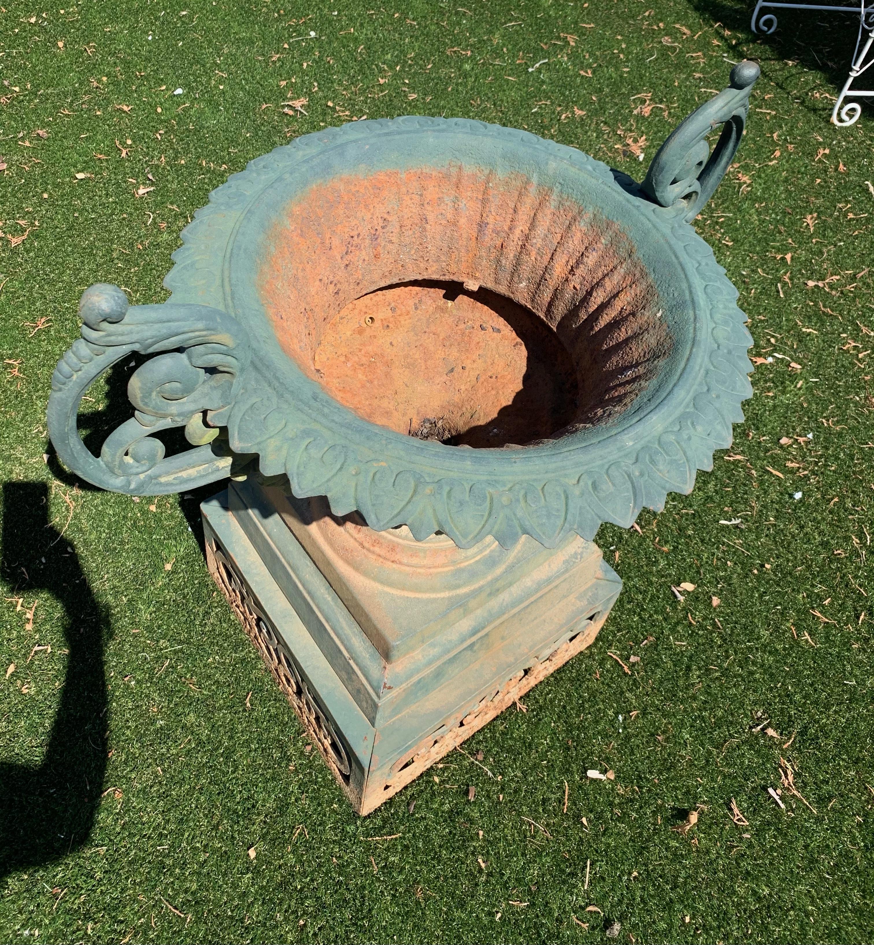 Garden Beauty of an Urn with Gorgeous Verdigris Patina and Fancy Handles In Good Condition In Hopewell, NJ