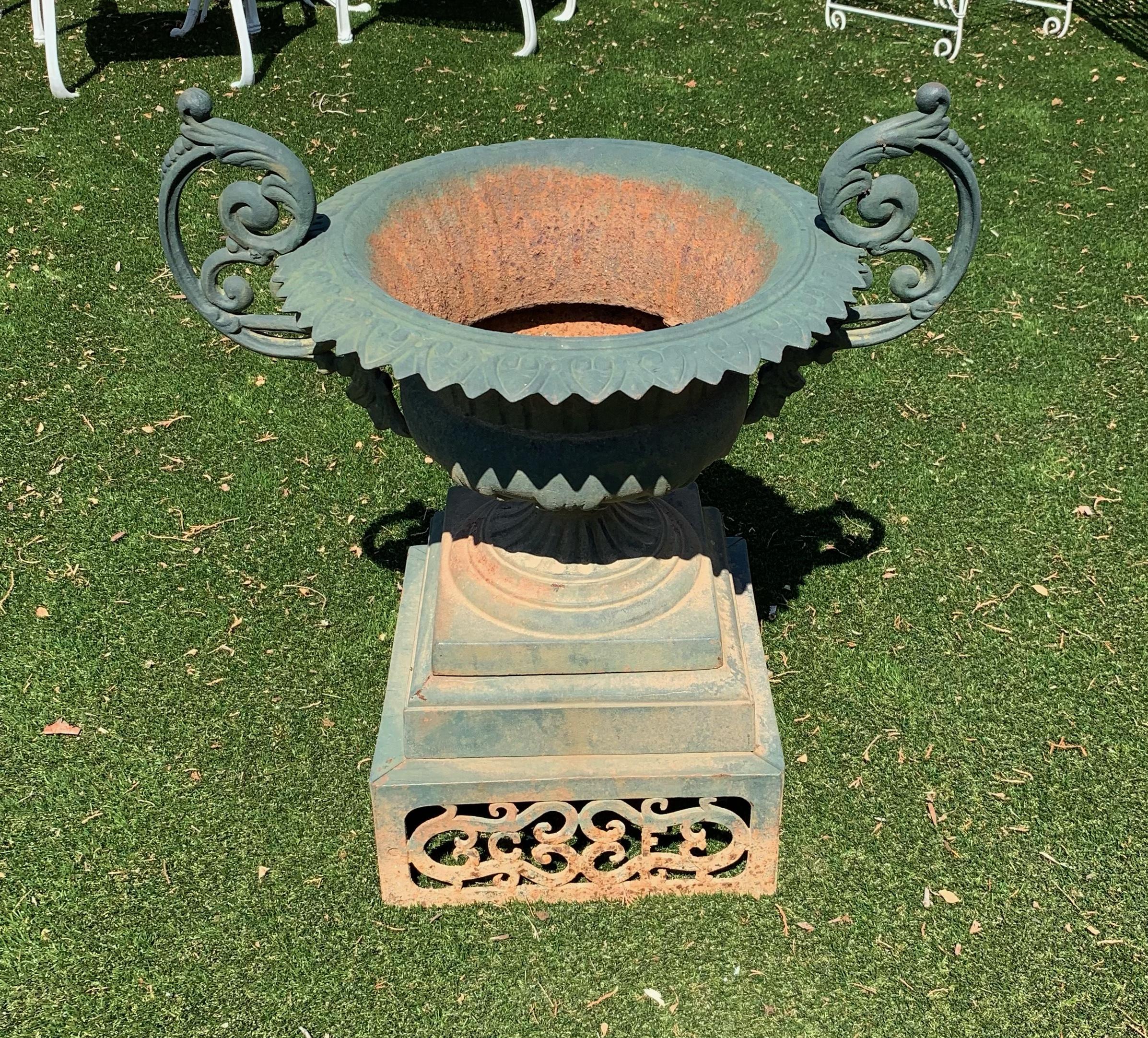 Mid-20th Century Garden Beauty of an Urn with Gorgeous Verdigris Patina and Fancy Handles