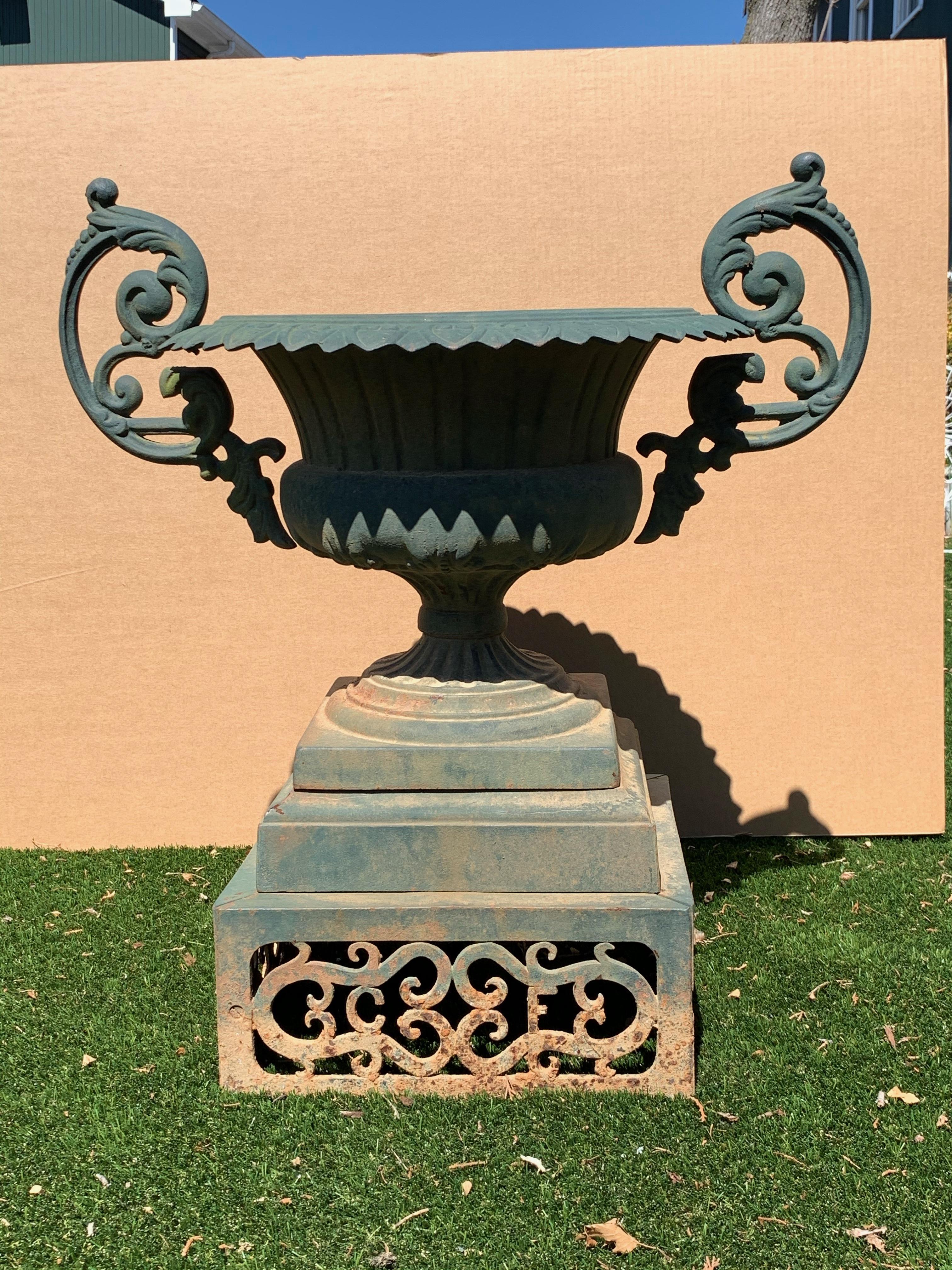 Iron Garden Beauty of an Urn with Gorgeous Verdigris Patina and Fancy Handles