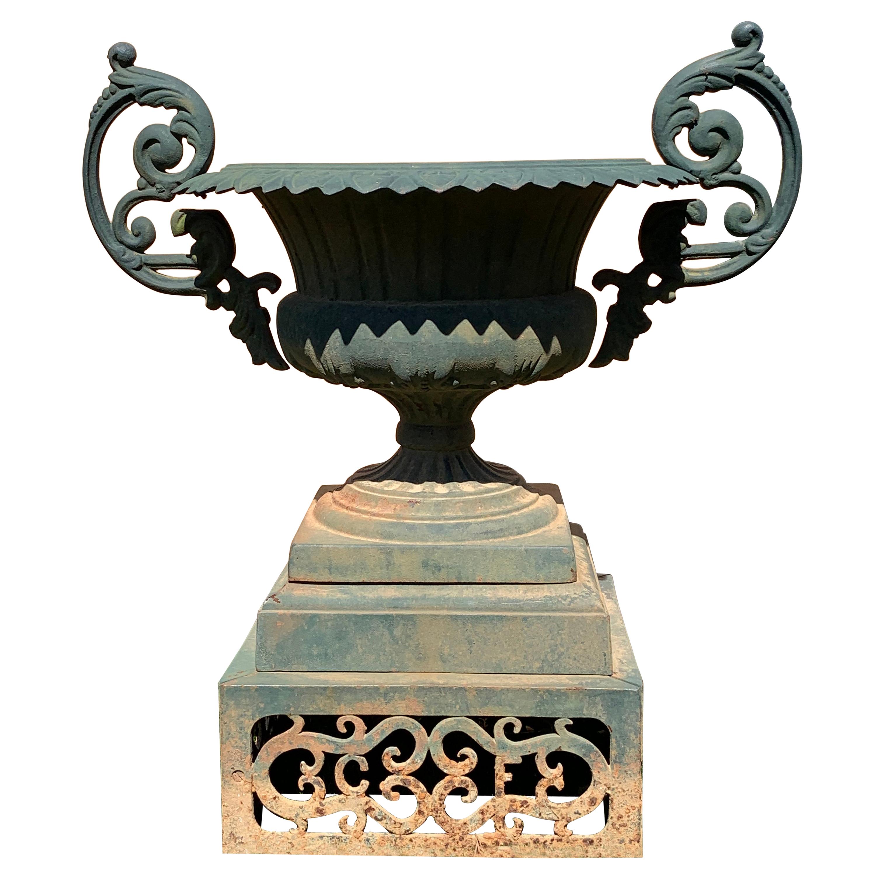 Garden Beauty of an Urn with Gorgeous Verdigris Patina and Fancy Handles