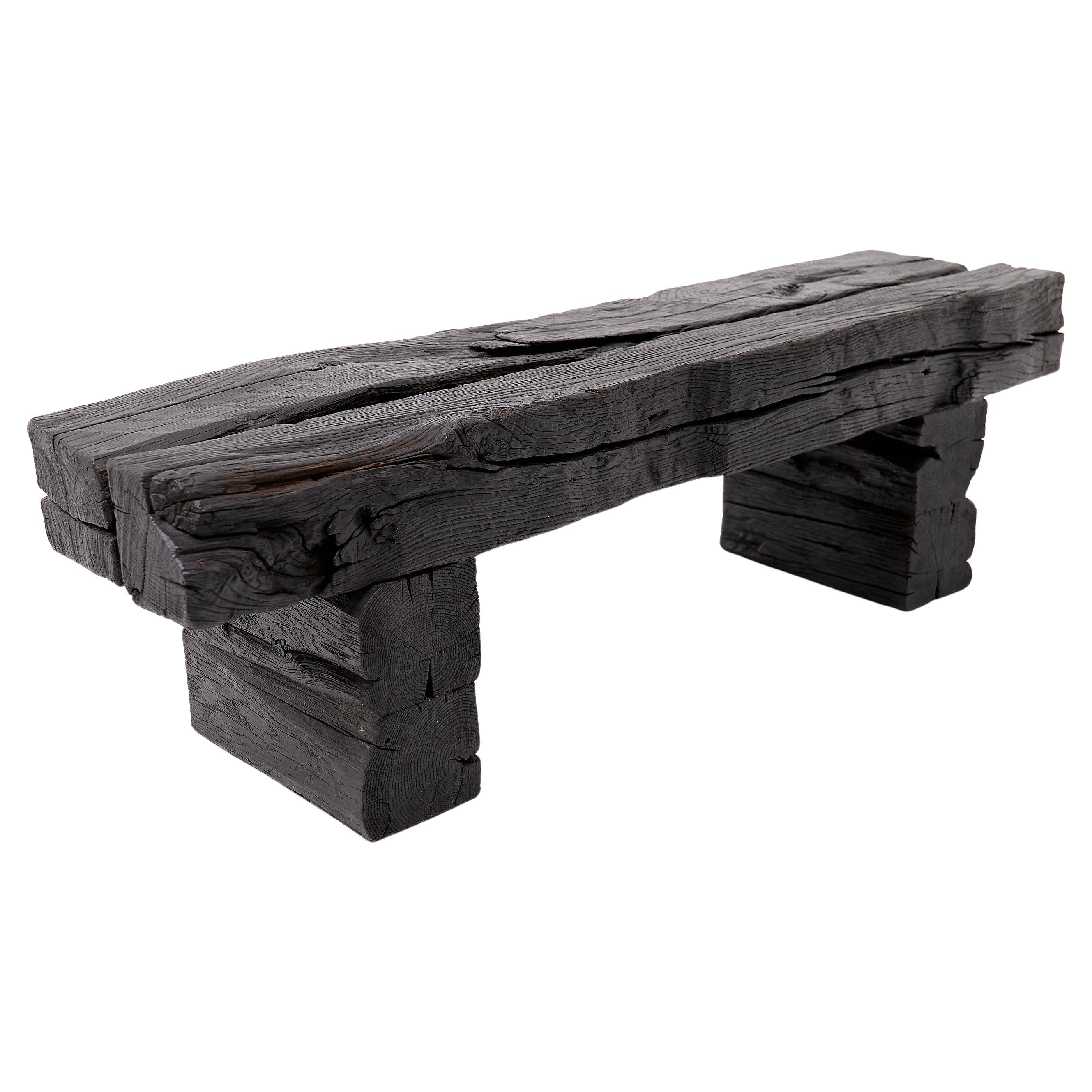 Garden Bench, Rustic Blackened Wood, Raw Organic Form Indoor, Outdoor, Logniture For Sale