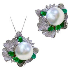 Bijoux convertibles 2 en 1 en perles des mers du sud avec diamant en or blanc 18K Emeraude