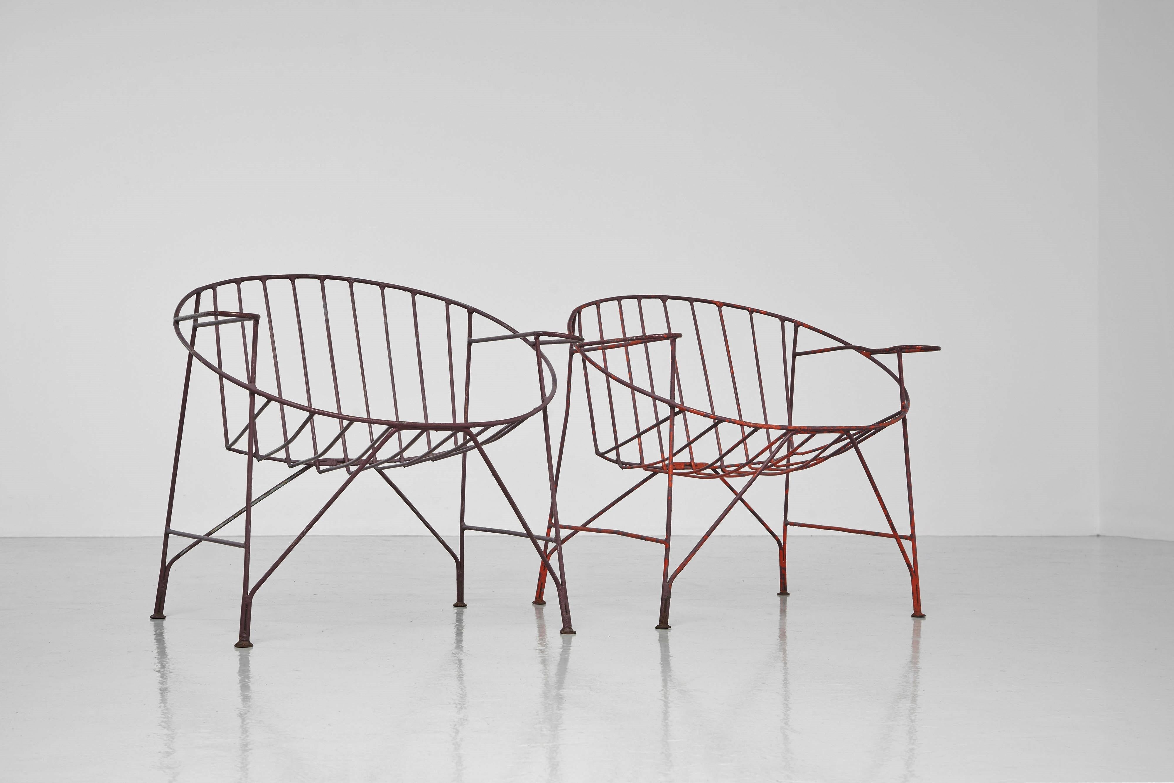 Garden chairs in plum painted iron France 1950 5