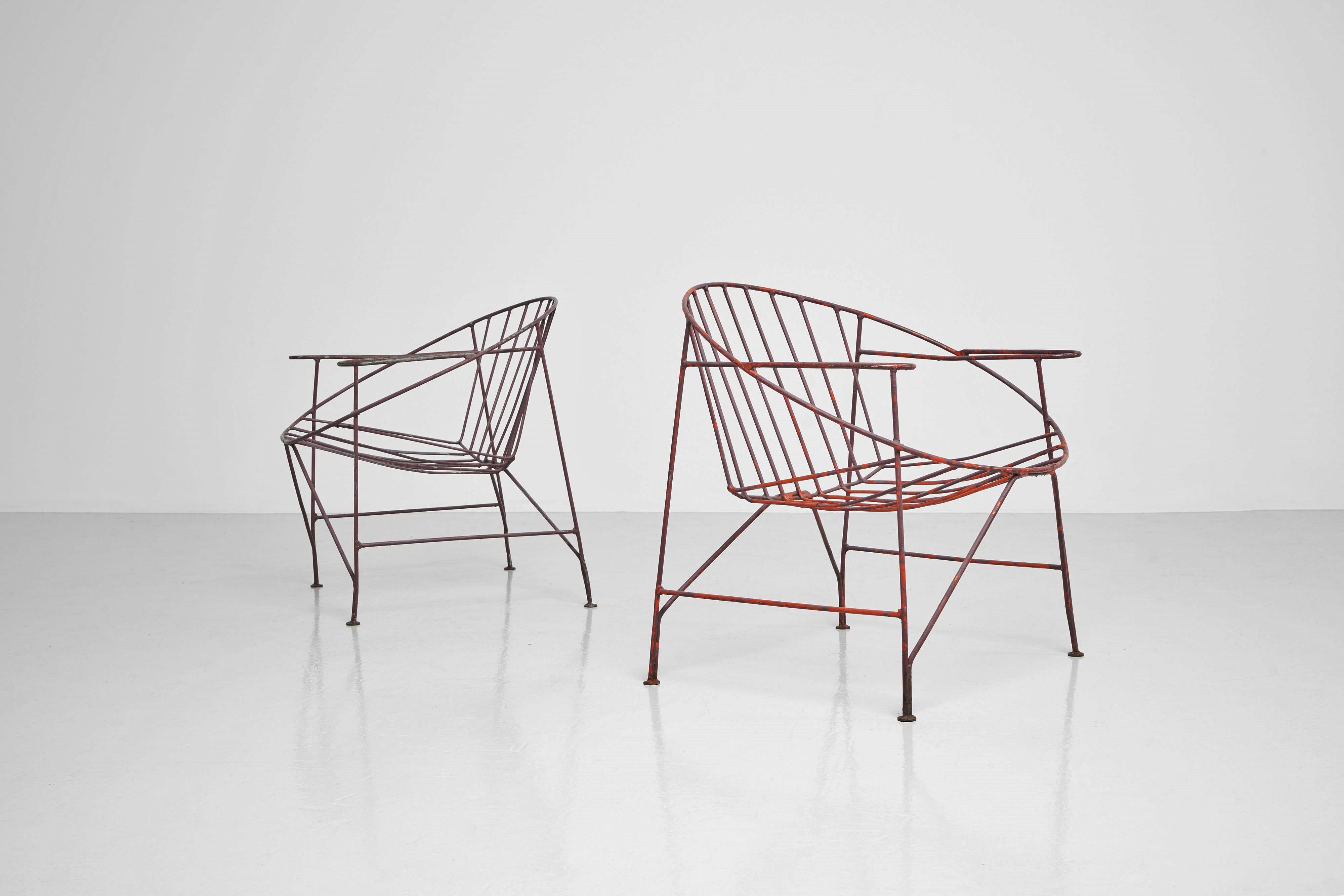 Mid-Century Modern Garden chairs in plum painted iron France 1950