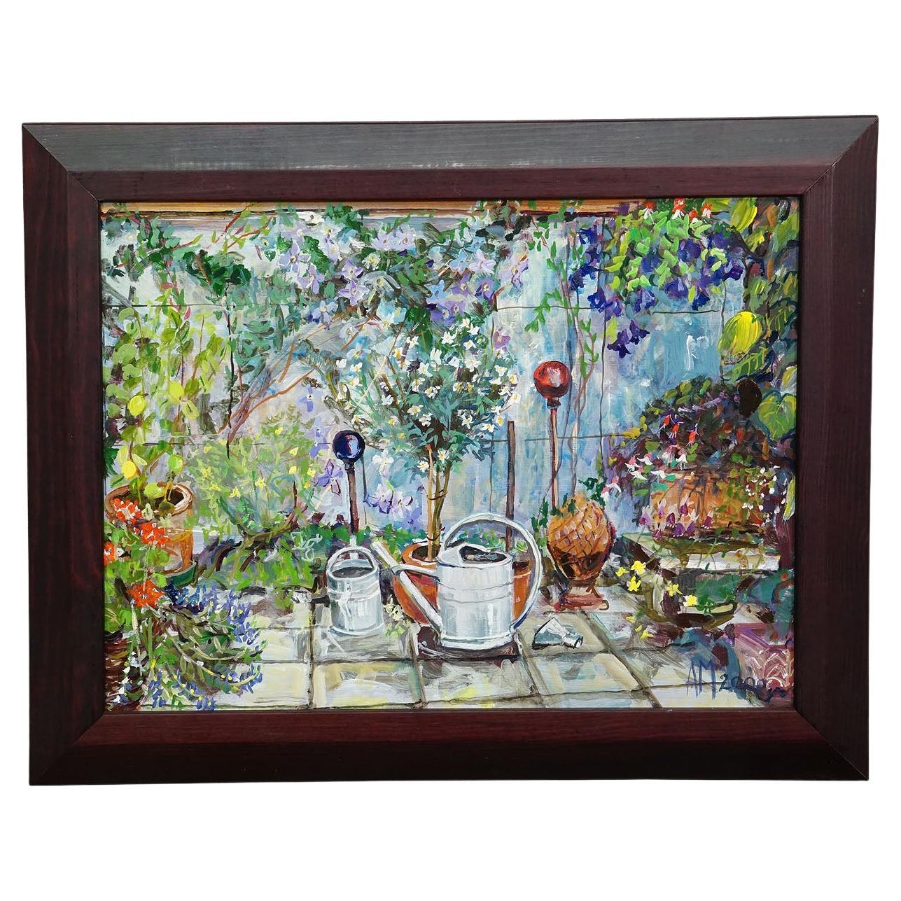 Garden Clematis with Watering Cans, 2000 – Oil Painting by Alexander Michael For Sale
