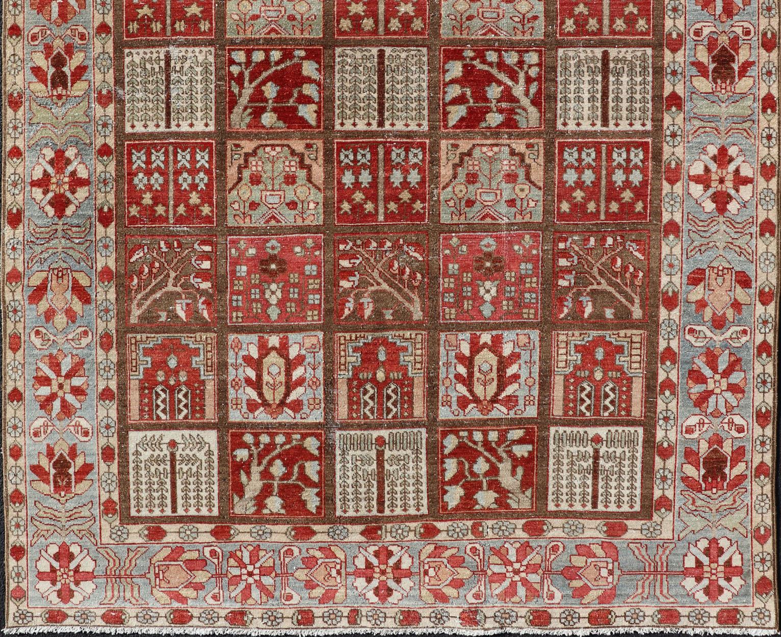 Persian Garden Design Antique Bakhtiari Rug in Red, Tan, light green & Multi Colors For Sale