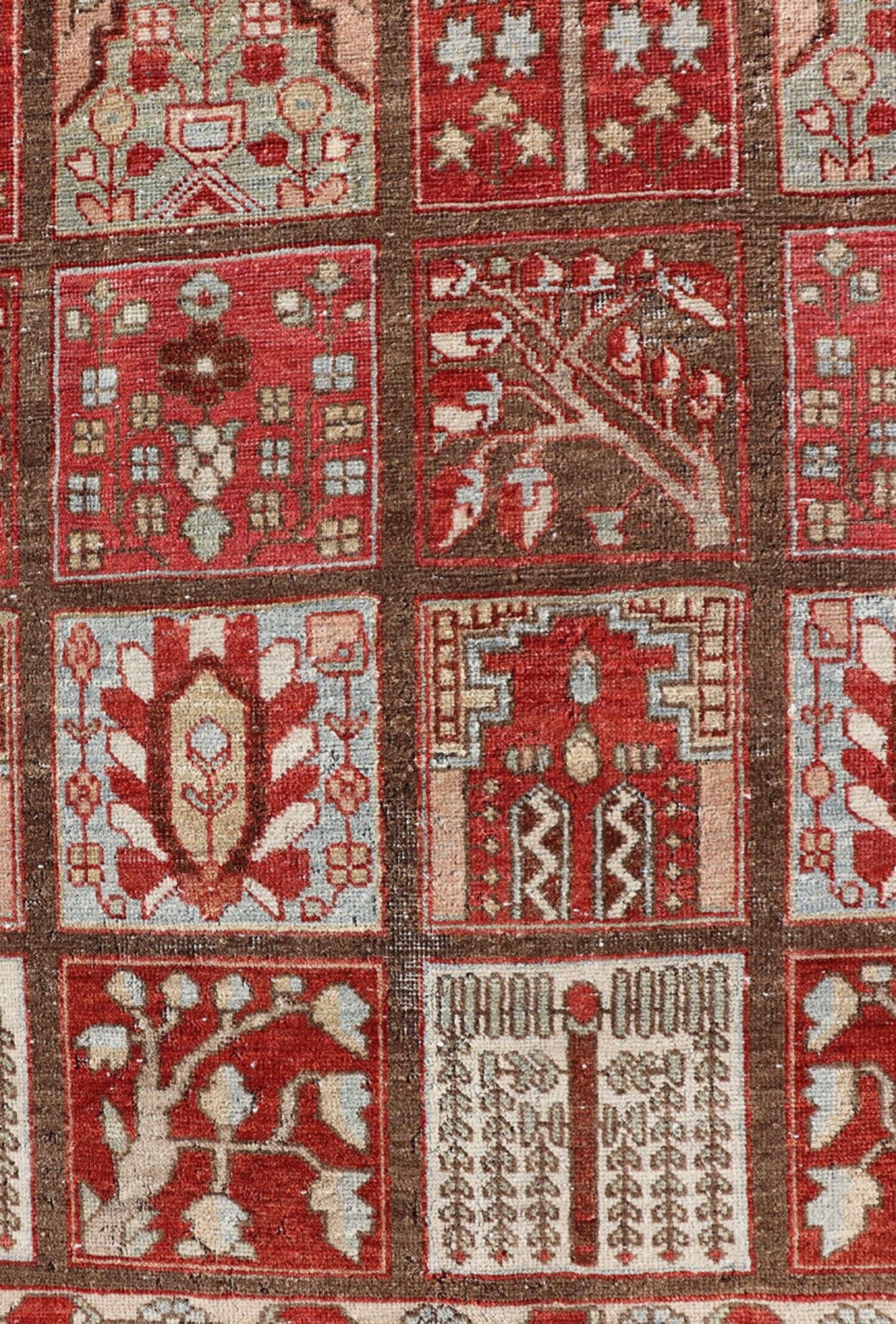 Hand-Knotted Garden Design Antique Bakhtiari Rug in Red, Tan, light green & Multi Colors For Sale