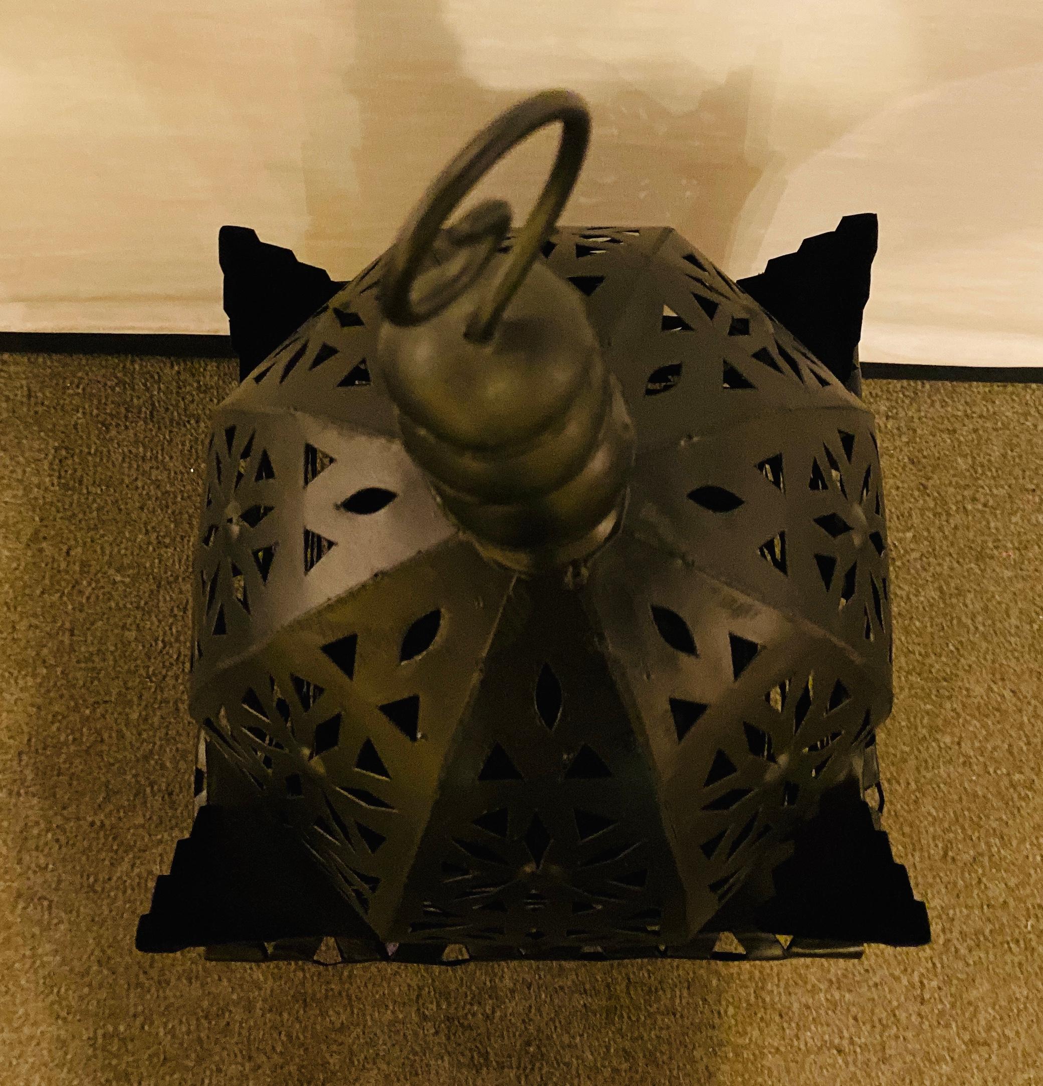 Moroccan Garden Floor Lantern or Candleholder in Black, a Pair