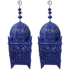 Retro Garden Floor Lantern or Candleholder in Blue, a Pair