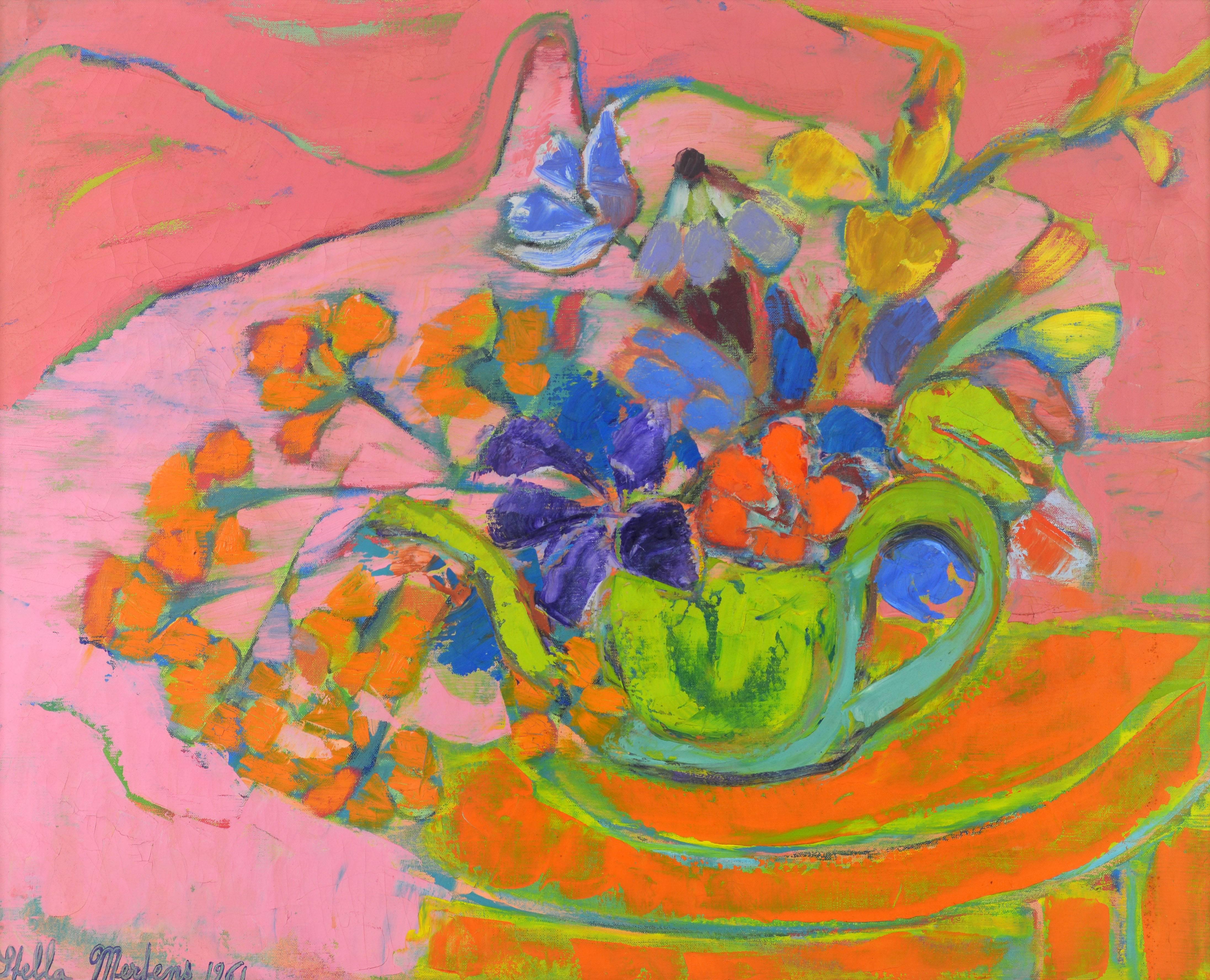 'Garden Flowers'
by Stella Mertens, Belgian/French 1896-1986.
25.5 x 32 in. without frame, 31 x 37.5 in. including frame.
Oil on canvas, signed and dated 1961.
Housed in a later gold finish gallery frame.

Stella Mertens:
Scott Youmans– 1965: