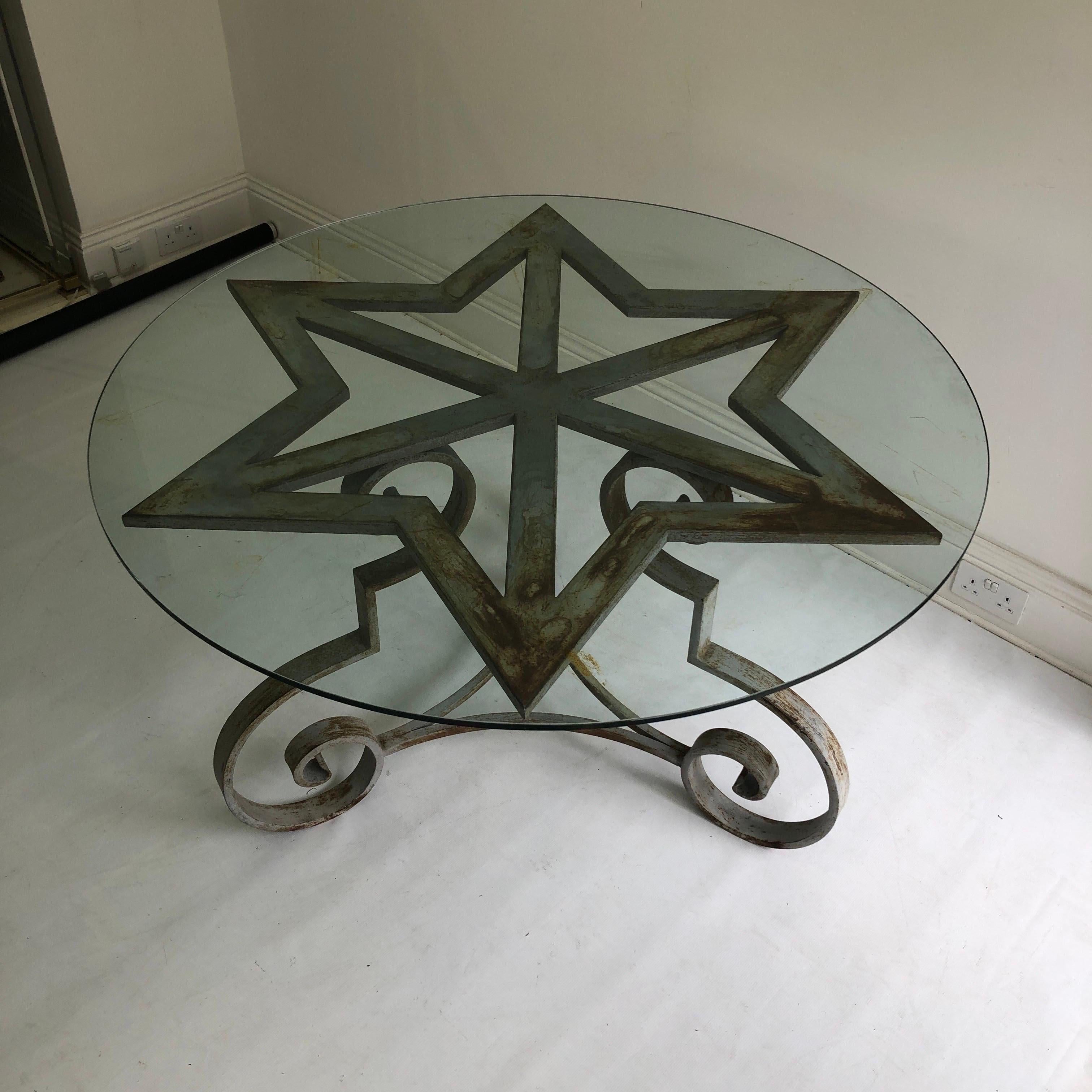 Post-Modern Garden Glass Star Shaped Cast Iron Round Dining Table 1970s French Antique 60s For Sale