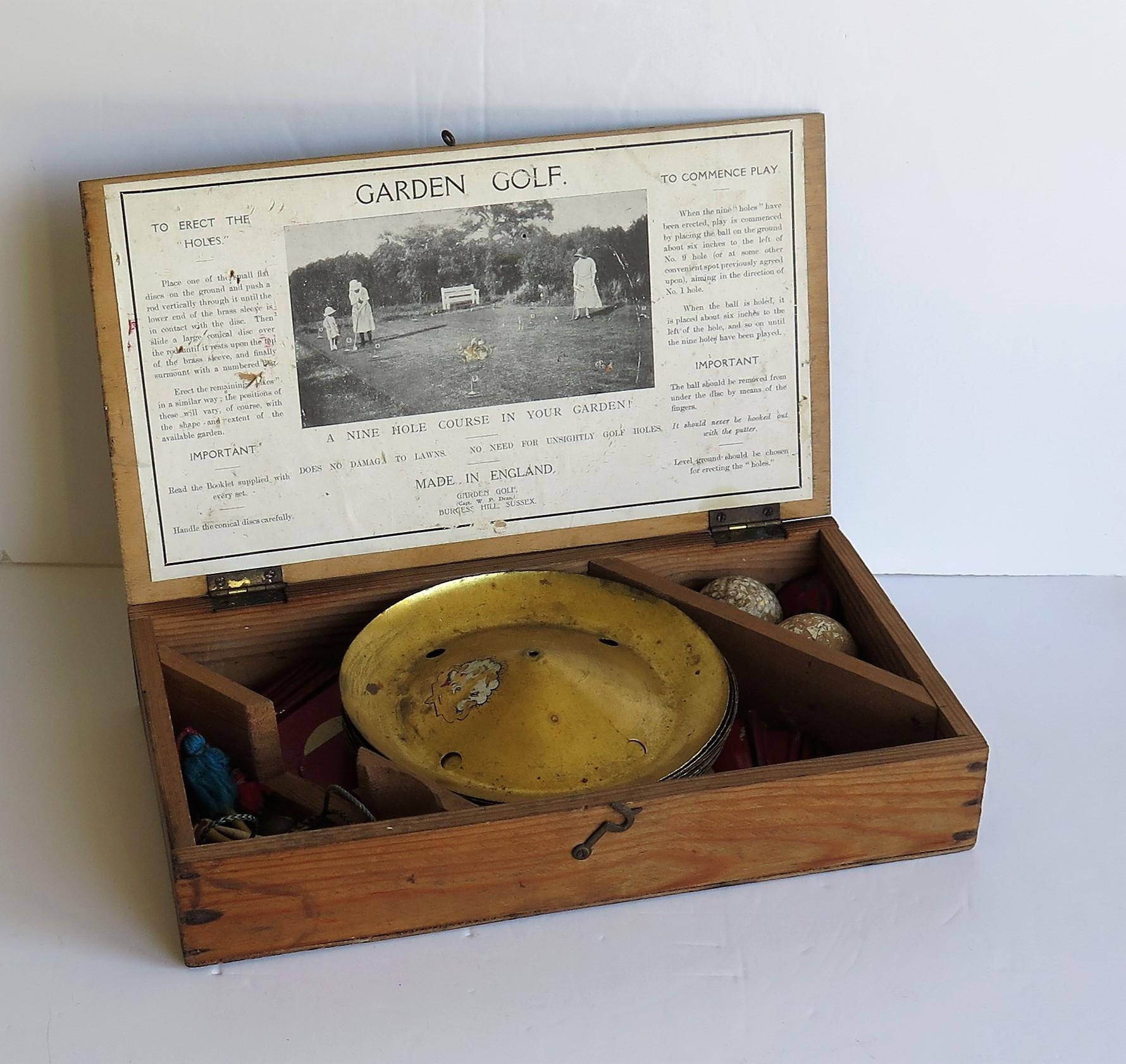 Garden Golf Game 9 Hole Set in Lidded Wood Box, Early 20th Century 4