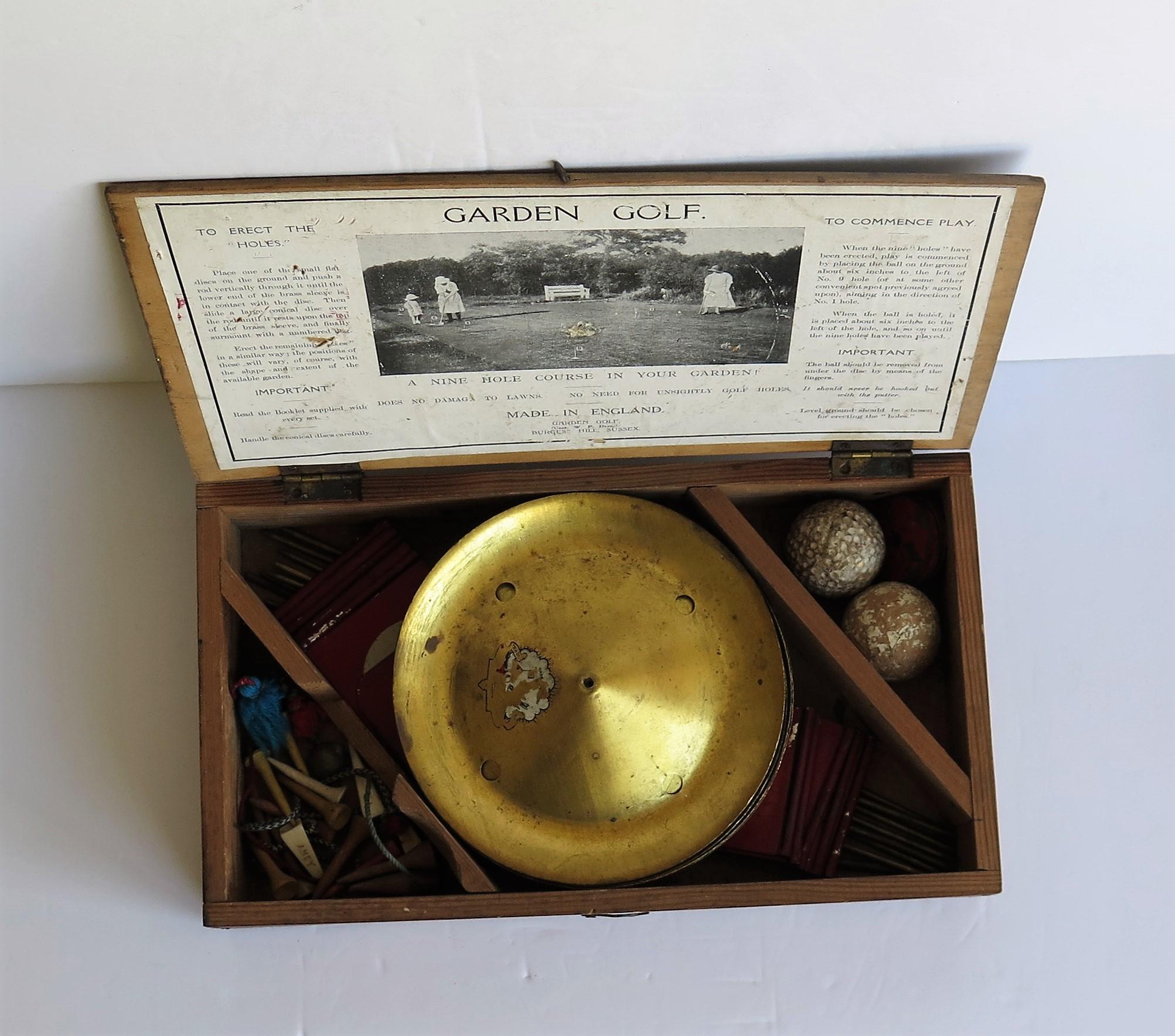 Garden Golf Game 9 Hole Set in Lidded Wood Box, Early 20th Century 5