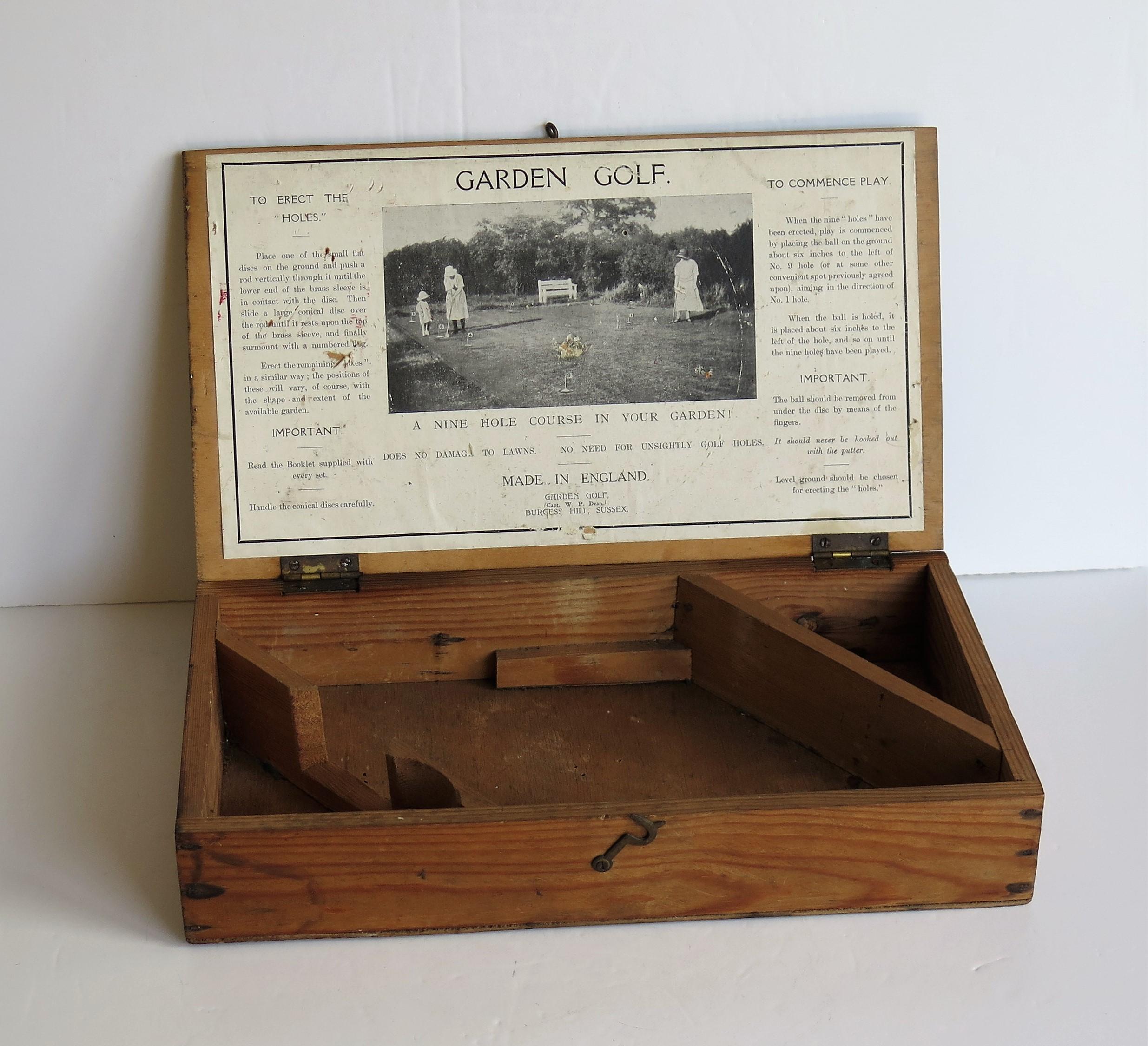 Garden Golf Game 9 Hole Set in Lidded Wood Box, Early 20th Century 7