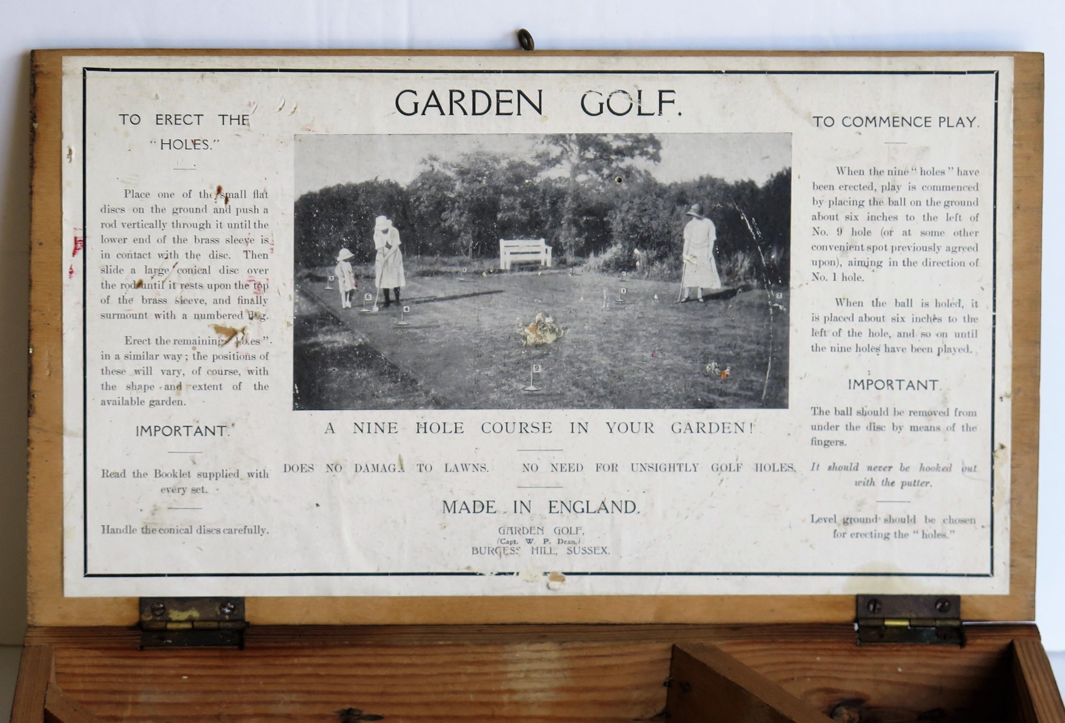 Folk Art Garden Golf Game 9 Hole Set in Lidded Wood Box, Early 20th Century