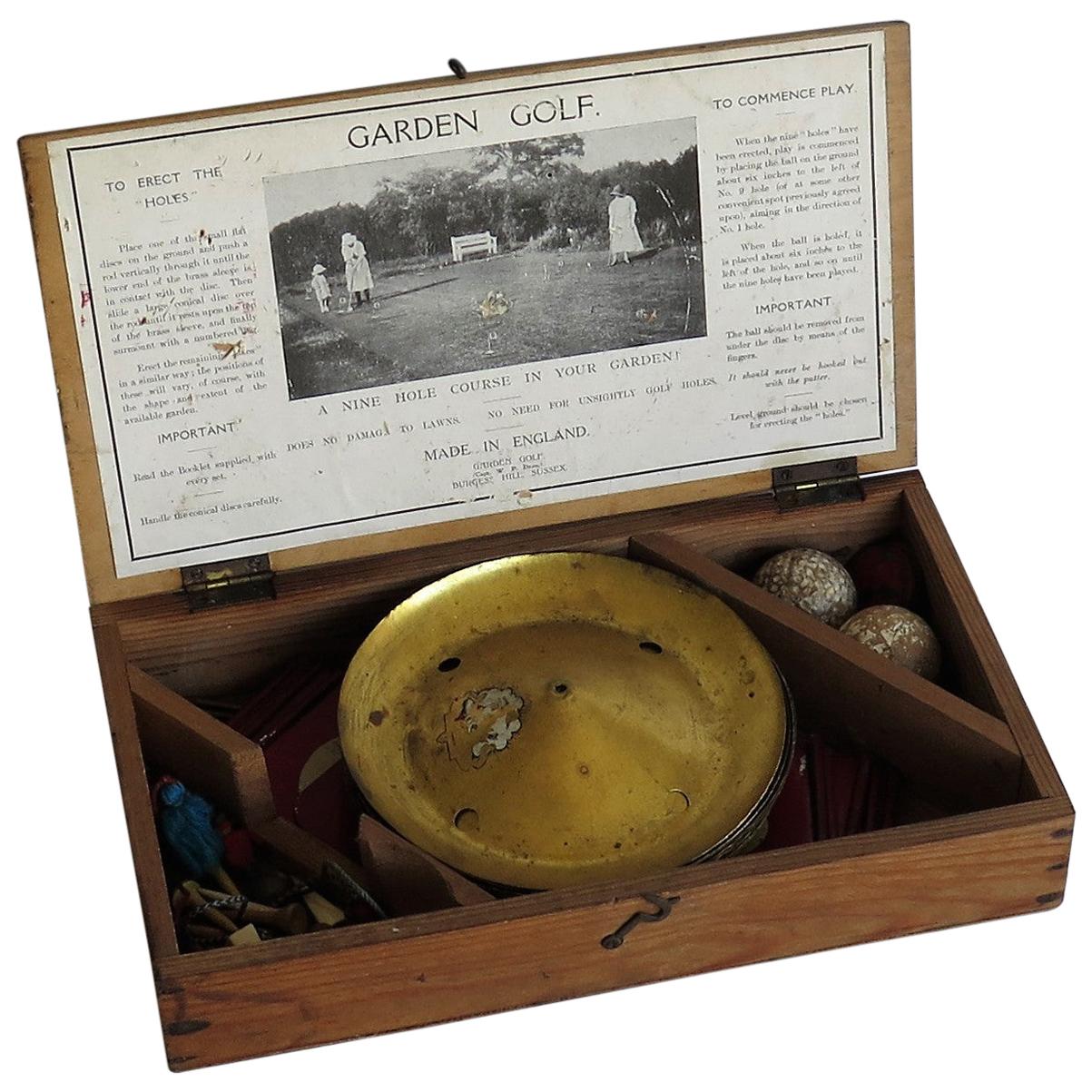 Garden Golf Game 9 Hole Set in Lidded Wood Box, Early 20th Century
