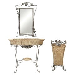 Garden Iron and Wicker Plant Stand Console Table With Mirror & Umbrella Stand