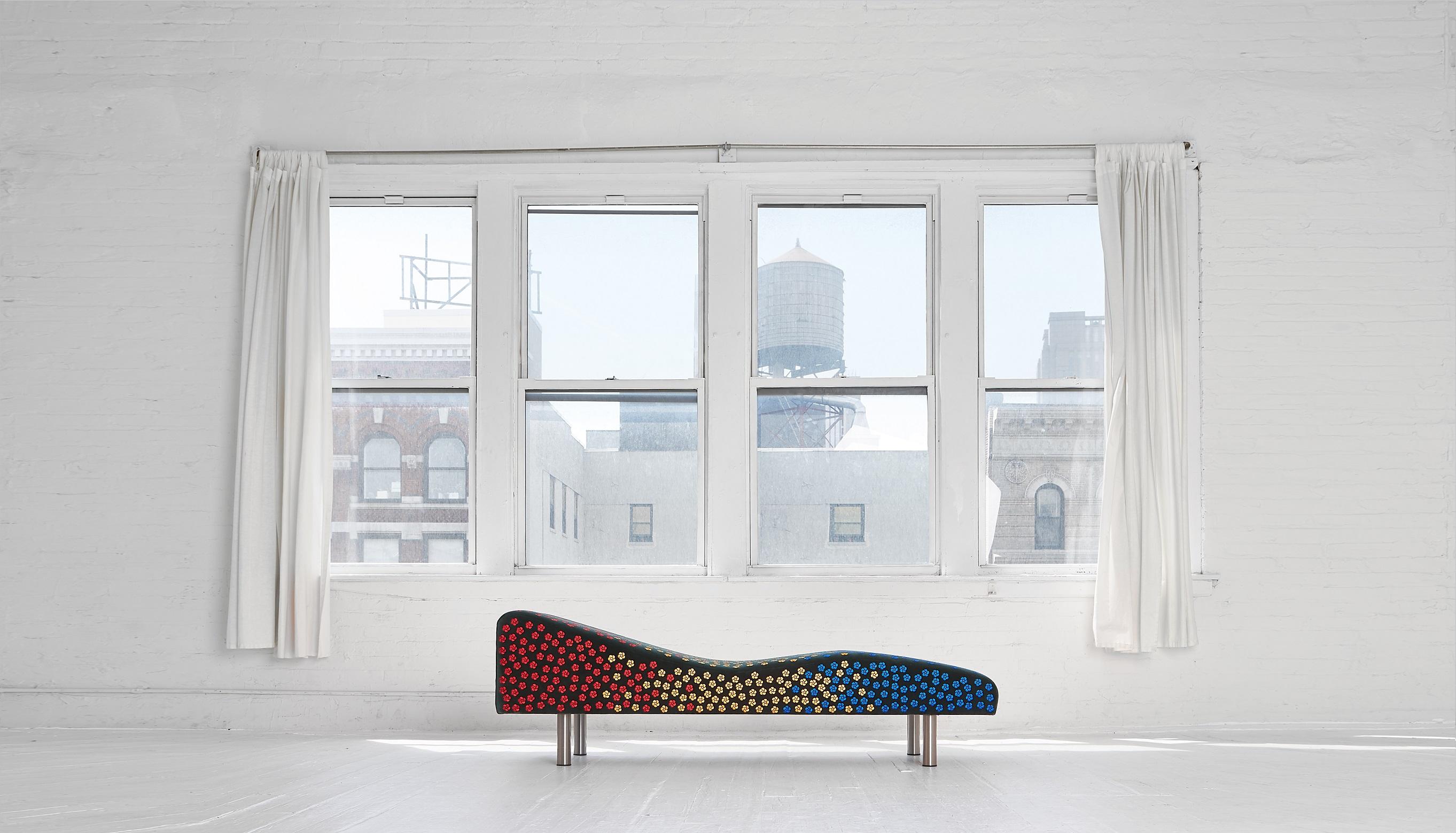 Named for the lost paradise of the first creation, the Garden of Eden Chaise is Cuevas’ interpretation of the classic floral lounge and an evocation of something more ephemeral: encountering a primary colored flower field. Reduced to a stylized