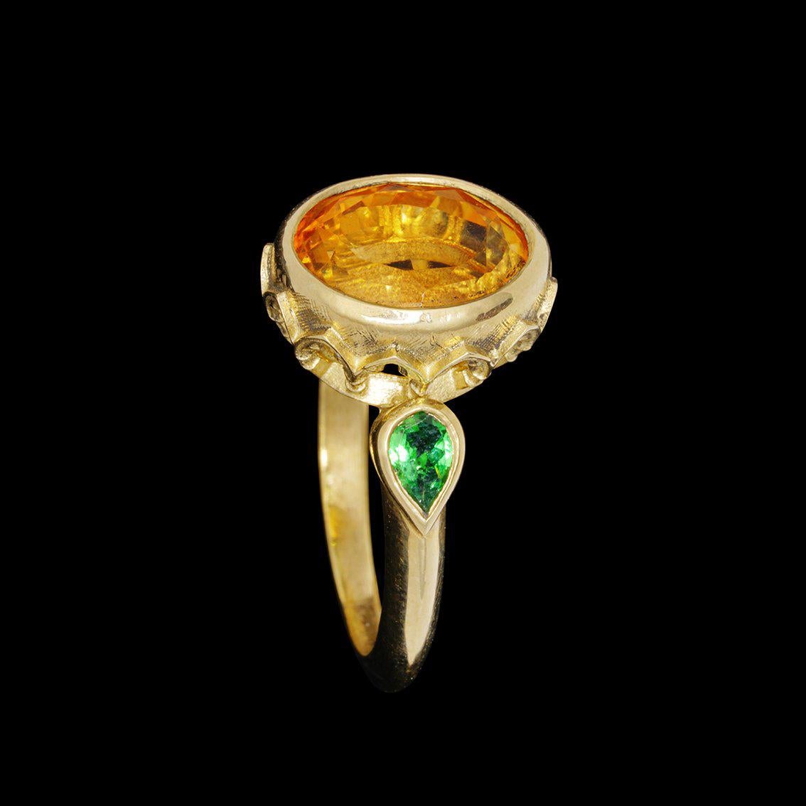 Garden of the Hesperides Ring in 9 Karat Yellow Gold, Citrine and Green Garnets In New Condition In Melbourne, Vic