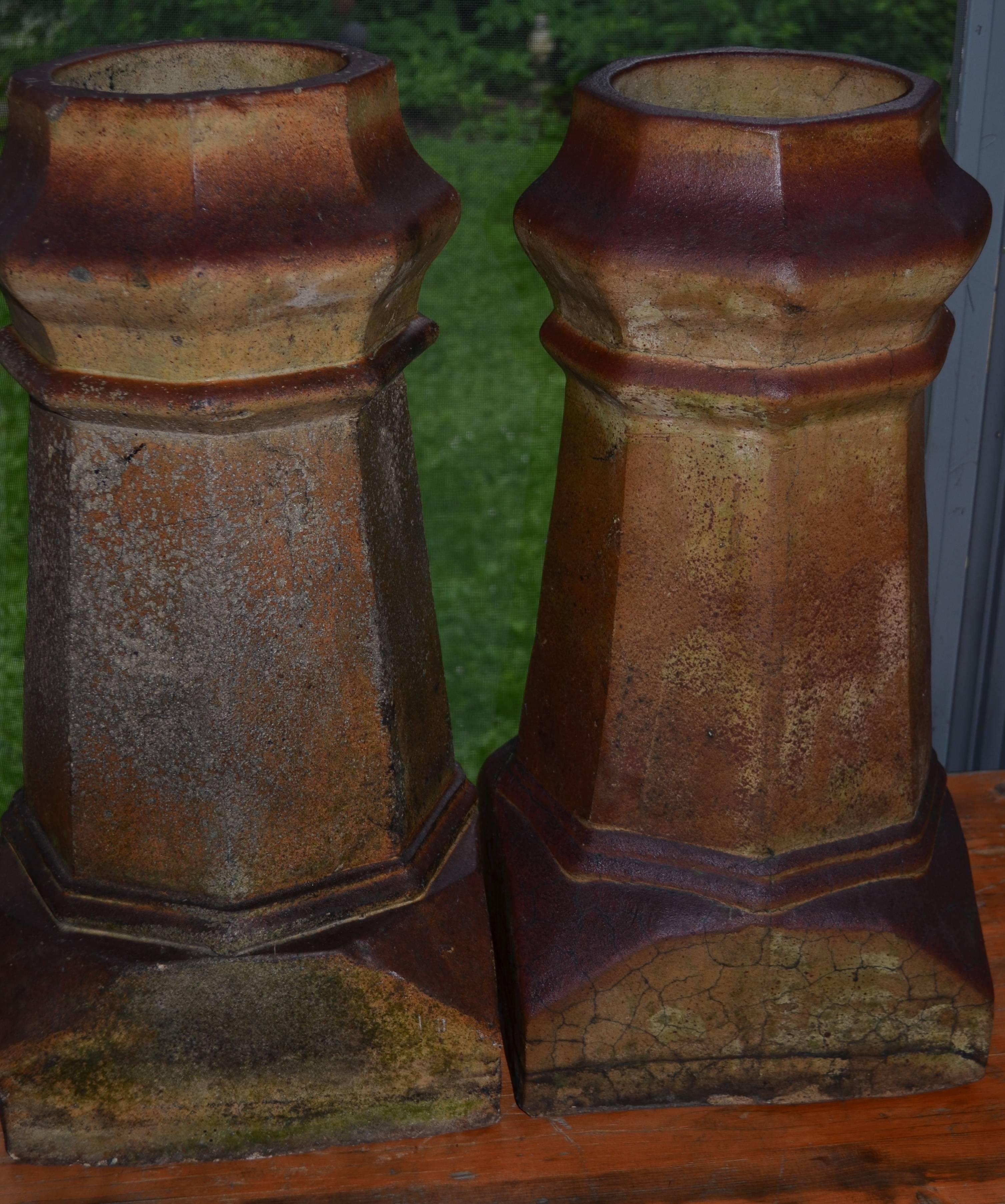 Garden Ornamental Clay Chimney Pots from London Rooftops, circa 1880, Pair In Good Condition In Madison, WI