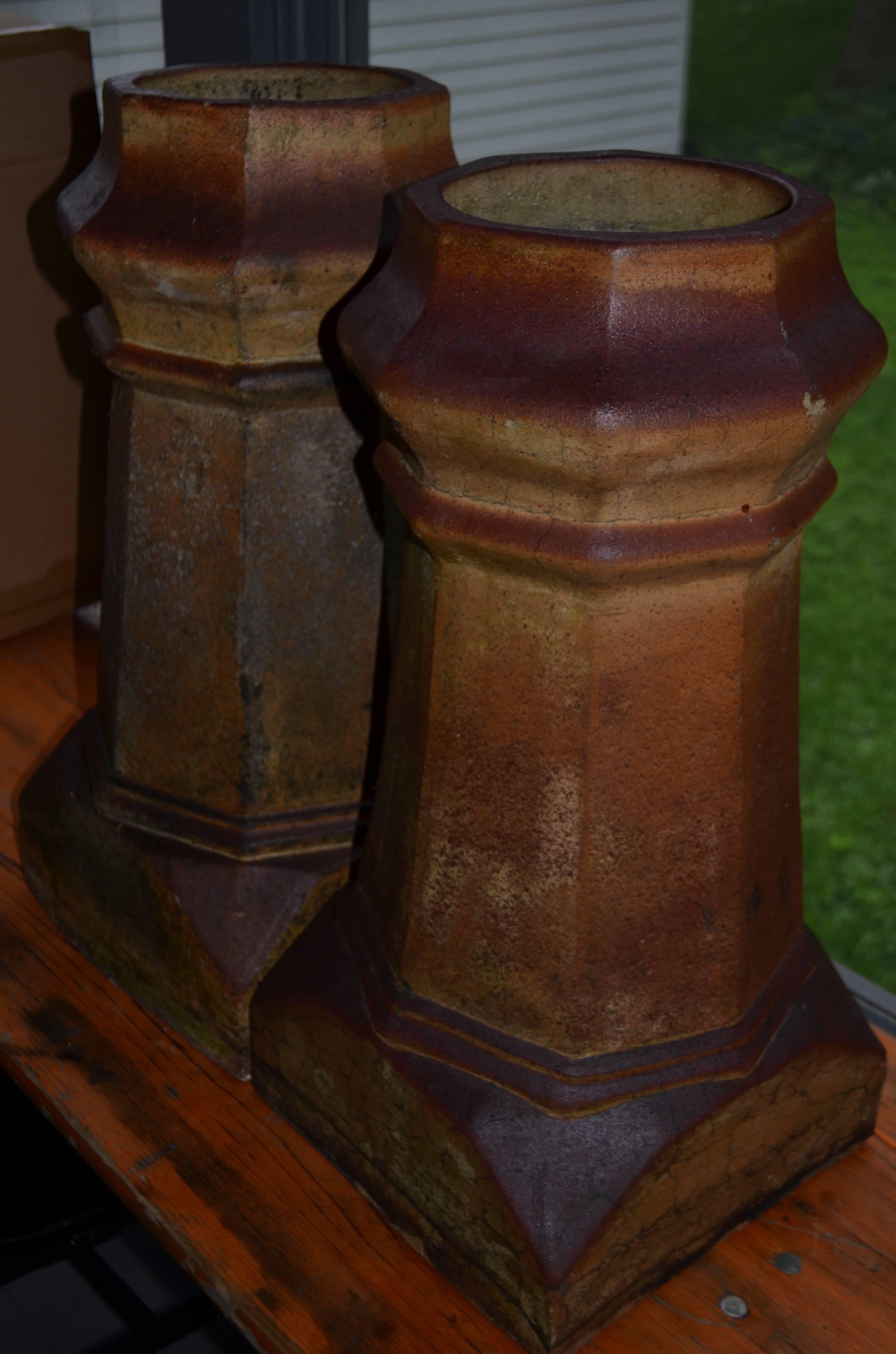 19th Century Garden Ornamental Clay Chimney Pots from London Rooftops, circa 1880, Pair