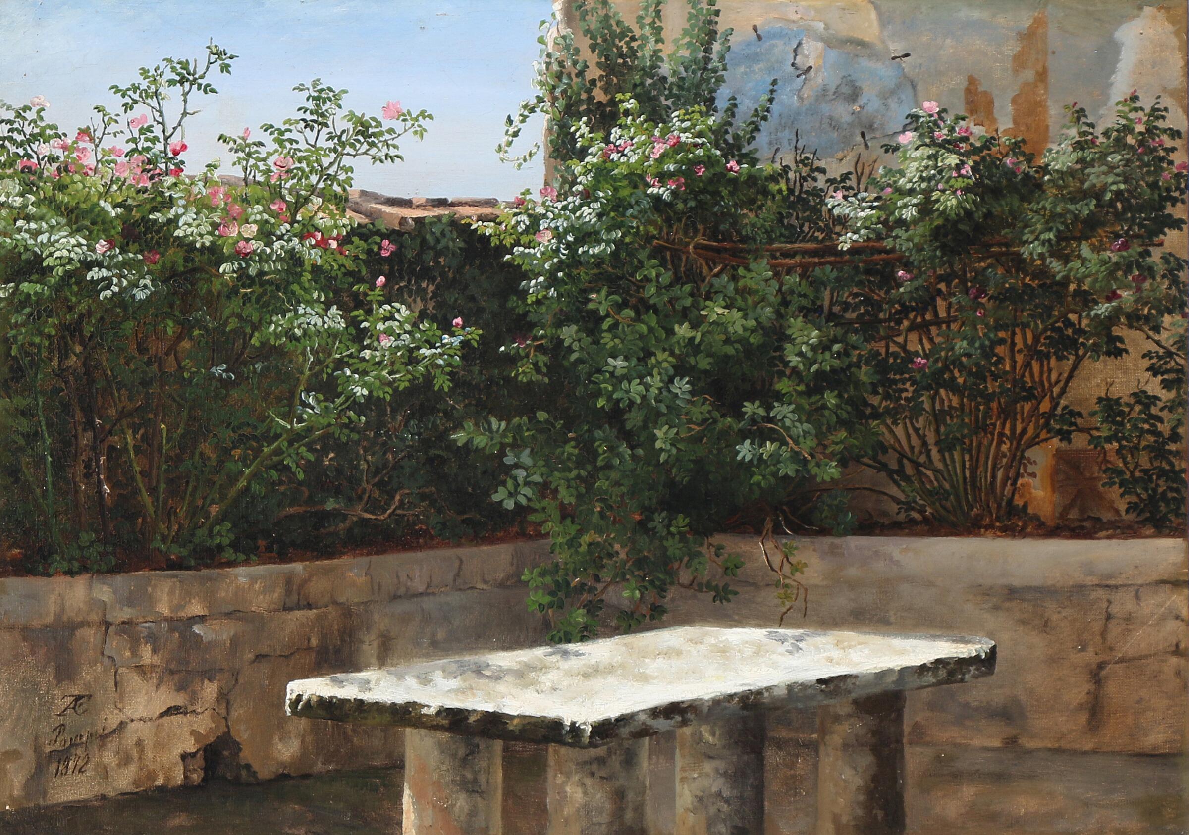 Anthonore Christensen was born in Copenhagen in 1849: Rose Garden, Pompei. Signed with monogram and dated Pompei 1872. Oil on canvas laid on cardboard
Anthonie Eleonore Christensen, generally known as Anthonore Christensen, née Tscherning was a