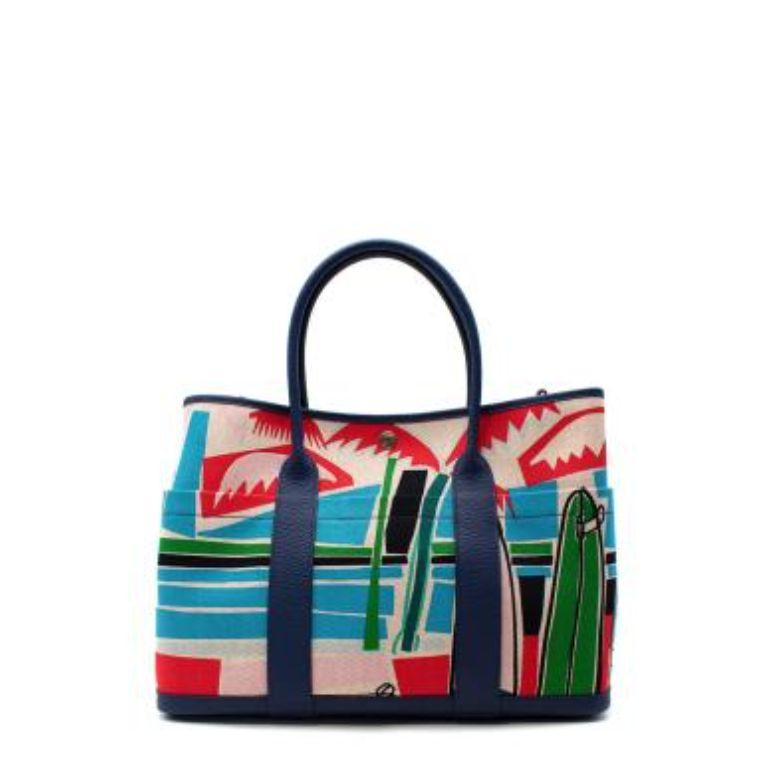 Hermes Garden Party 36 Pockets Sea, Surf & Fun Bag PHW
 

 Date Stamp C 2018
 

 - Playful beach scene in a vintage-inspired style
 - Canvas body with navy leather edging and flat top handles 
 - Detachable, adjustable webbing strap with palladium