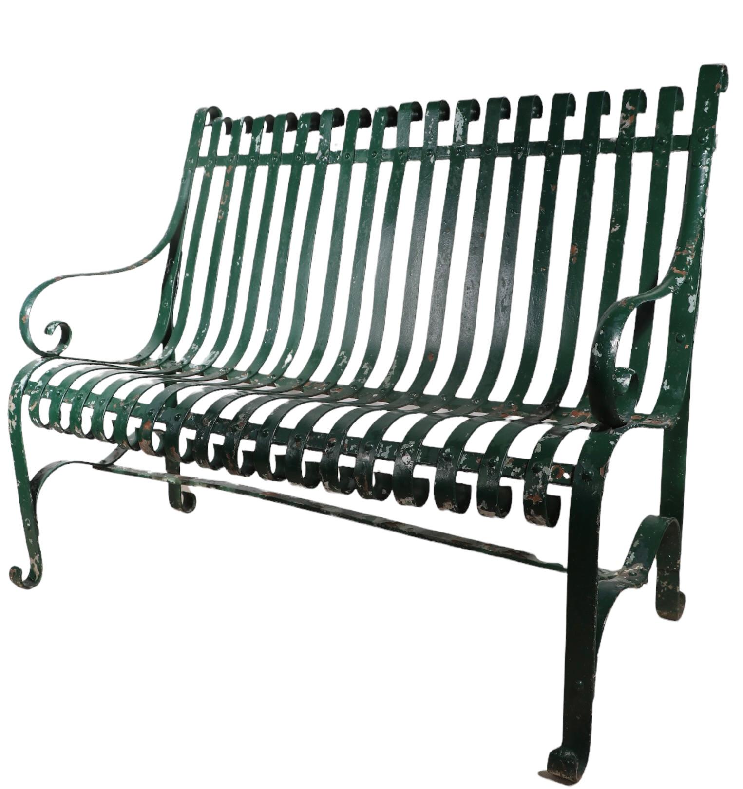 Garden Patio Park Loveseat  Bench of Strap Steel and Wrought Iron For Sale 2