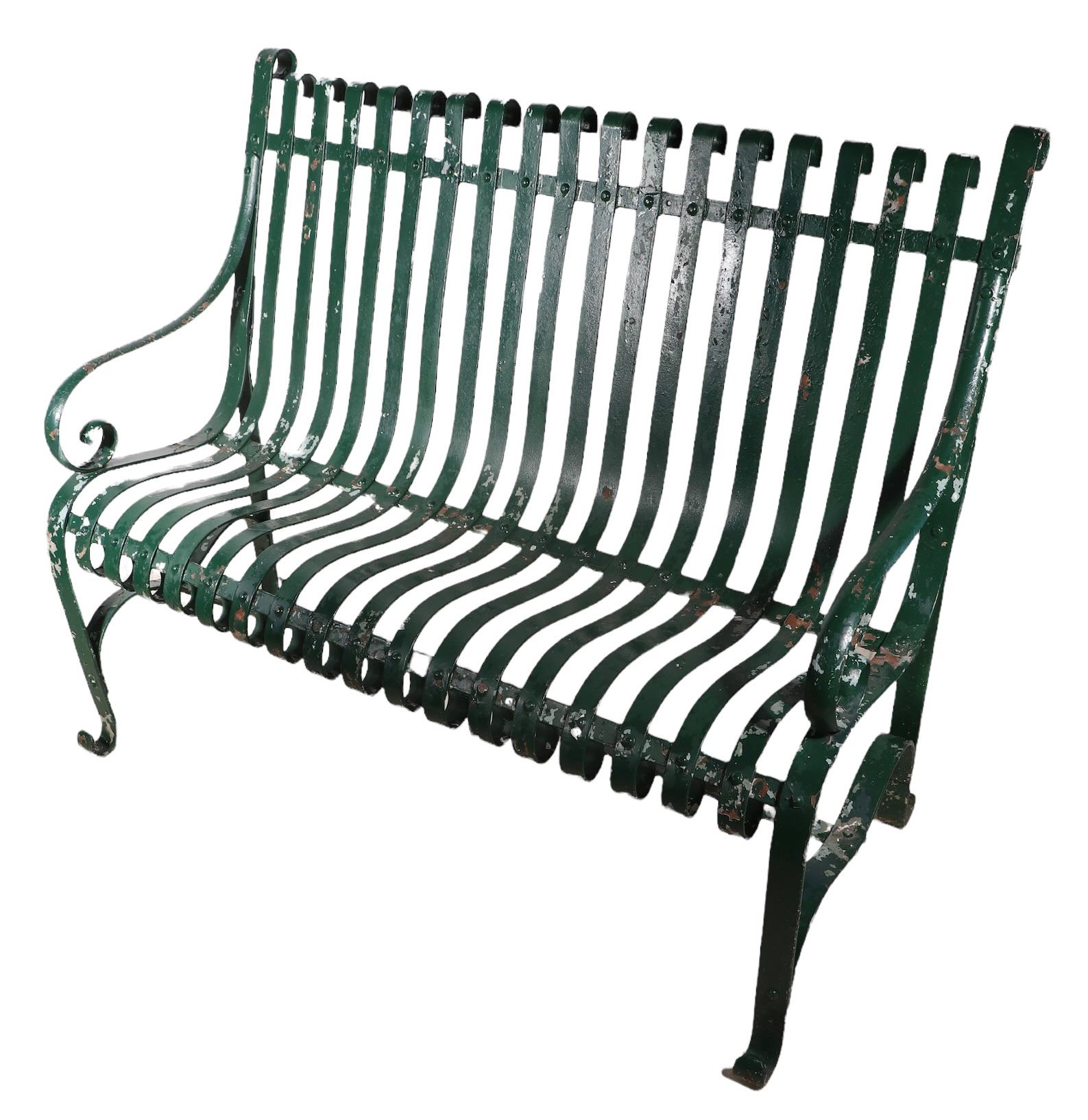 Garden Patio Park Loveseat  Bench of Strap Steel and Wrought Iron For Sale 3