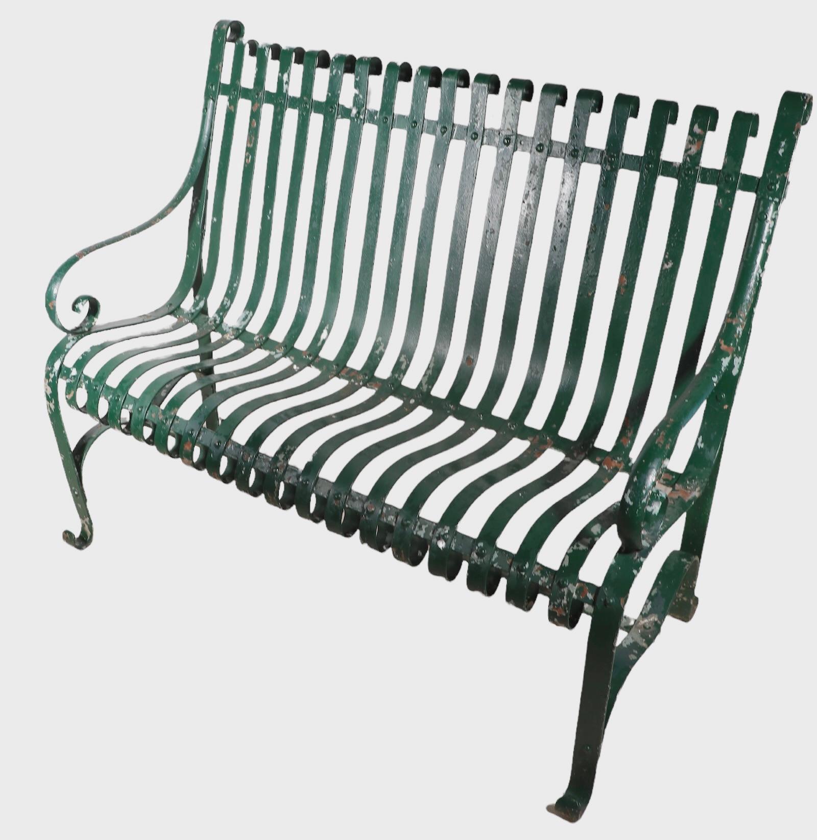 Garden Patio Park Loveseat  Bench of Strap Steel and Wrought Iron For Sale 4