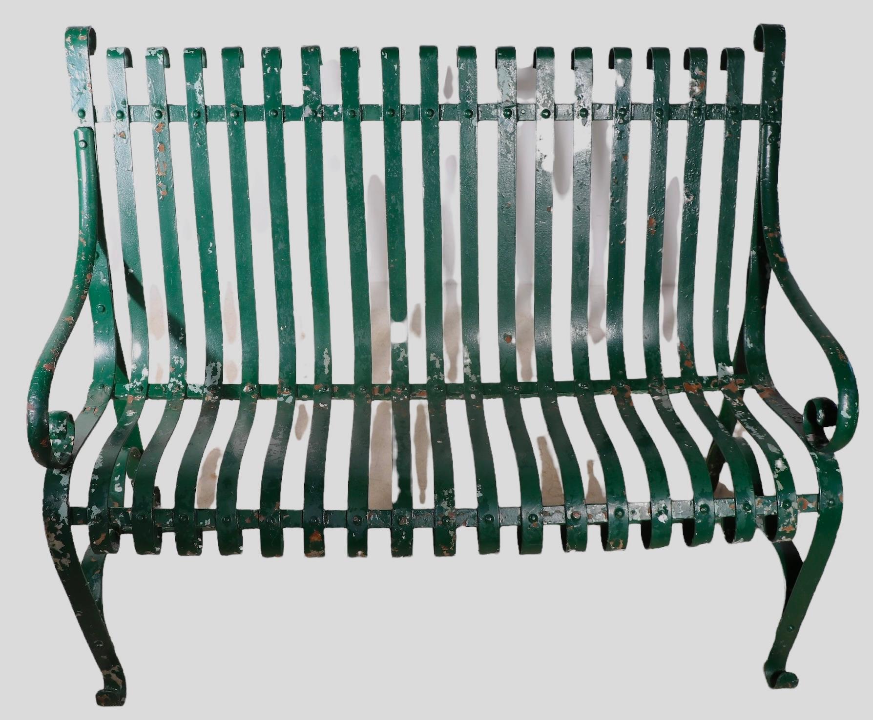Garden Patio Park Loveseat  Bench of Strap Steel and Wrought Iron For Sale 7