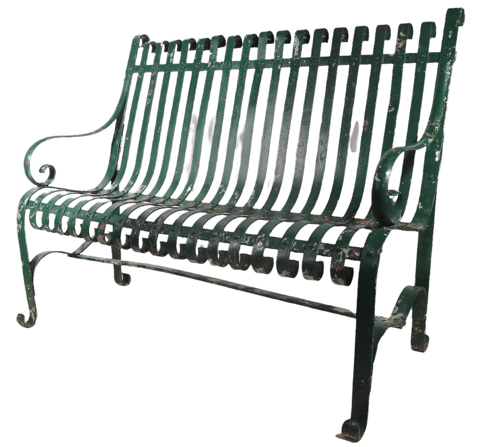 Garden Patio Park Loveseat  Bench of Strap Steel and Wrought Iron For Sale 1