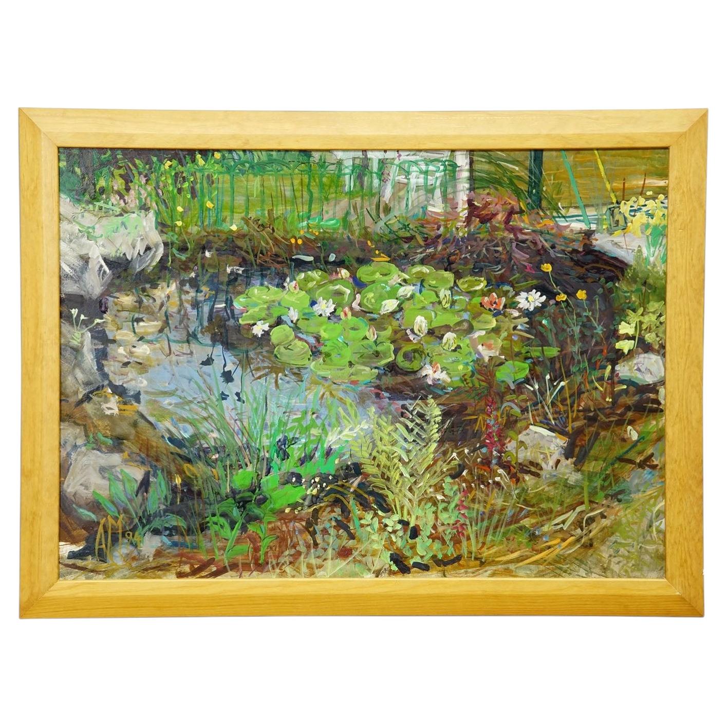 Gartenteich mit Seerosen und Steingarten, 1994 – Ölgemälde