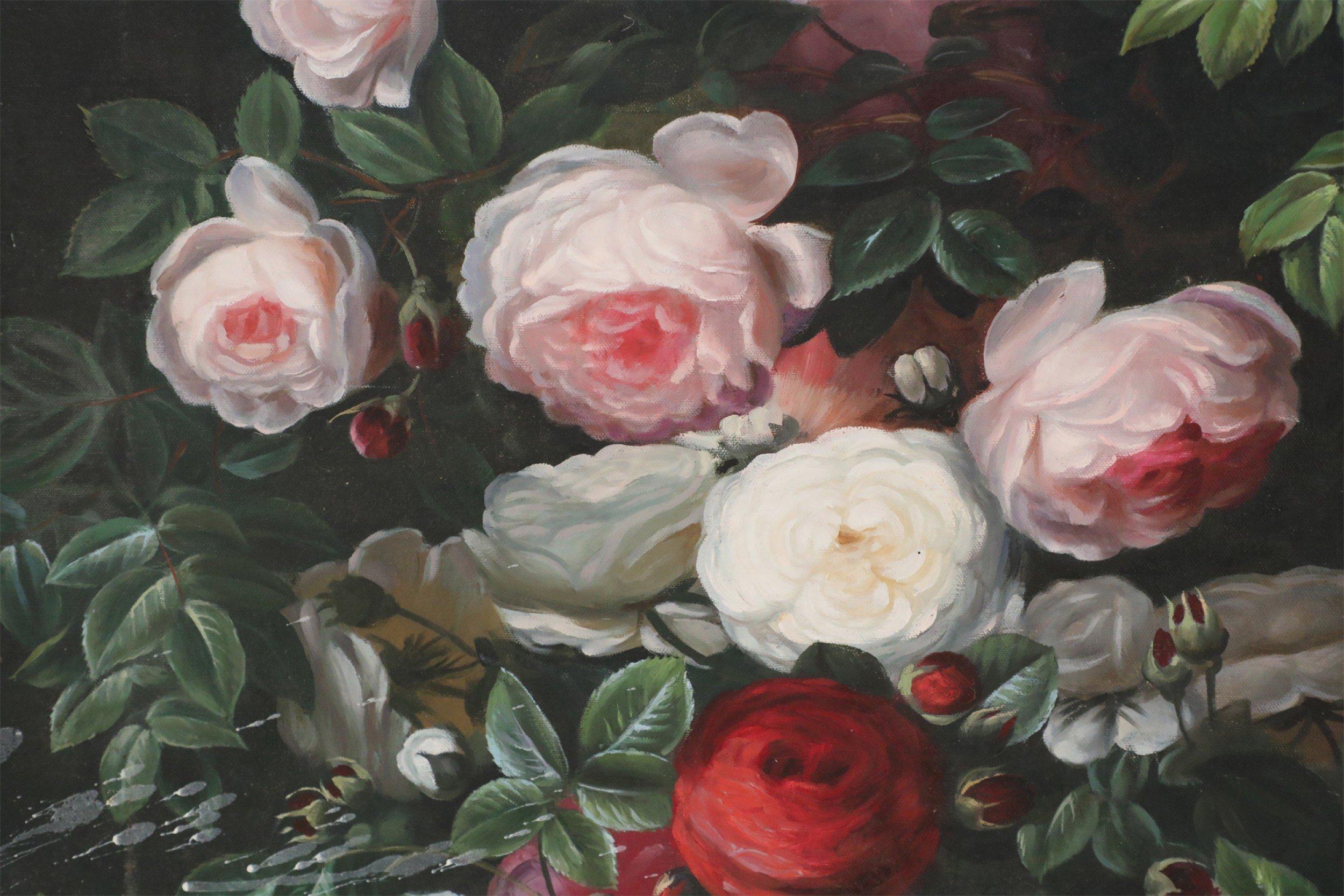 Mid-Century Modern Garden Roses Still Life Oil Painting on Canvas For Sale