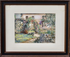 "Garden Scene" Ink and Watercolor Drawing, Signed Lower Right "K Gilsoul-Hoppe"