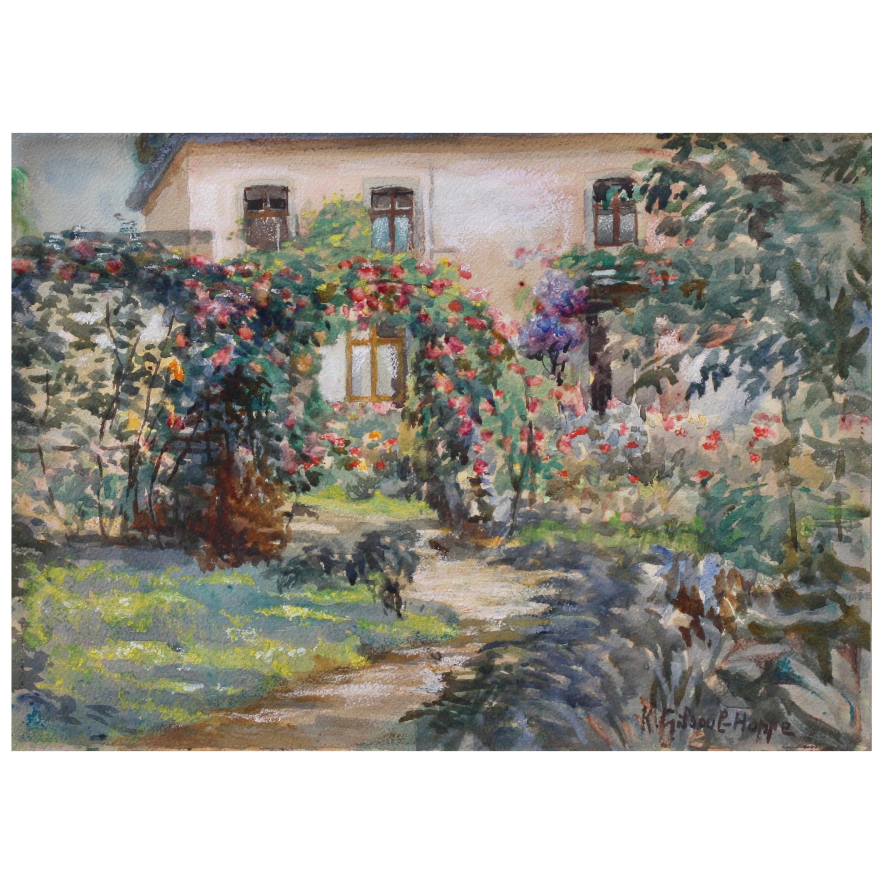"Garden Scene" Ink and Watercolor Drawing, Signed Lower Right "K Gilsoul-Hoppe"