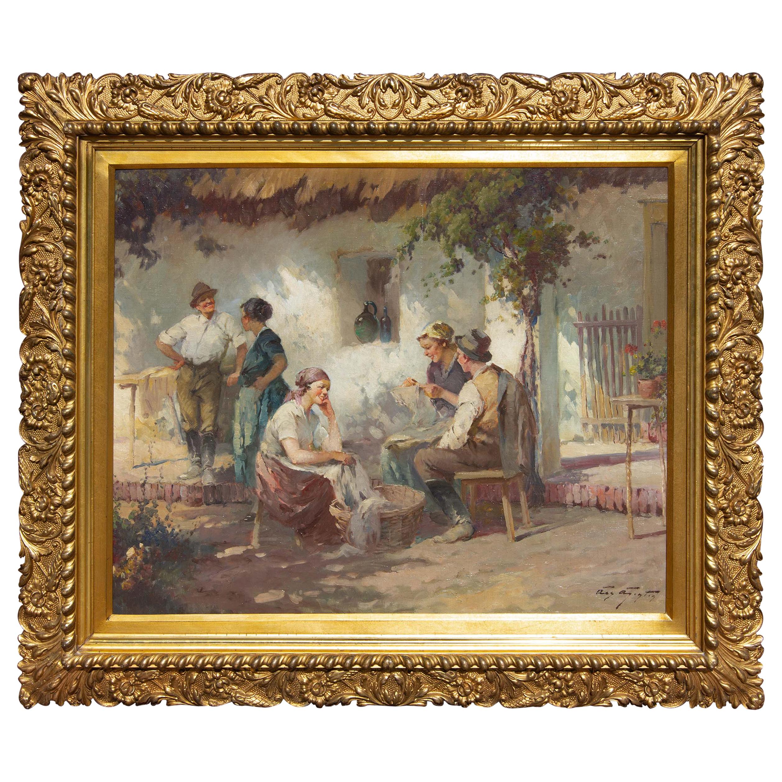 Garden Scene Oil Painting in Gilt Frame, Early 20th Century