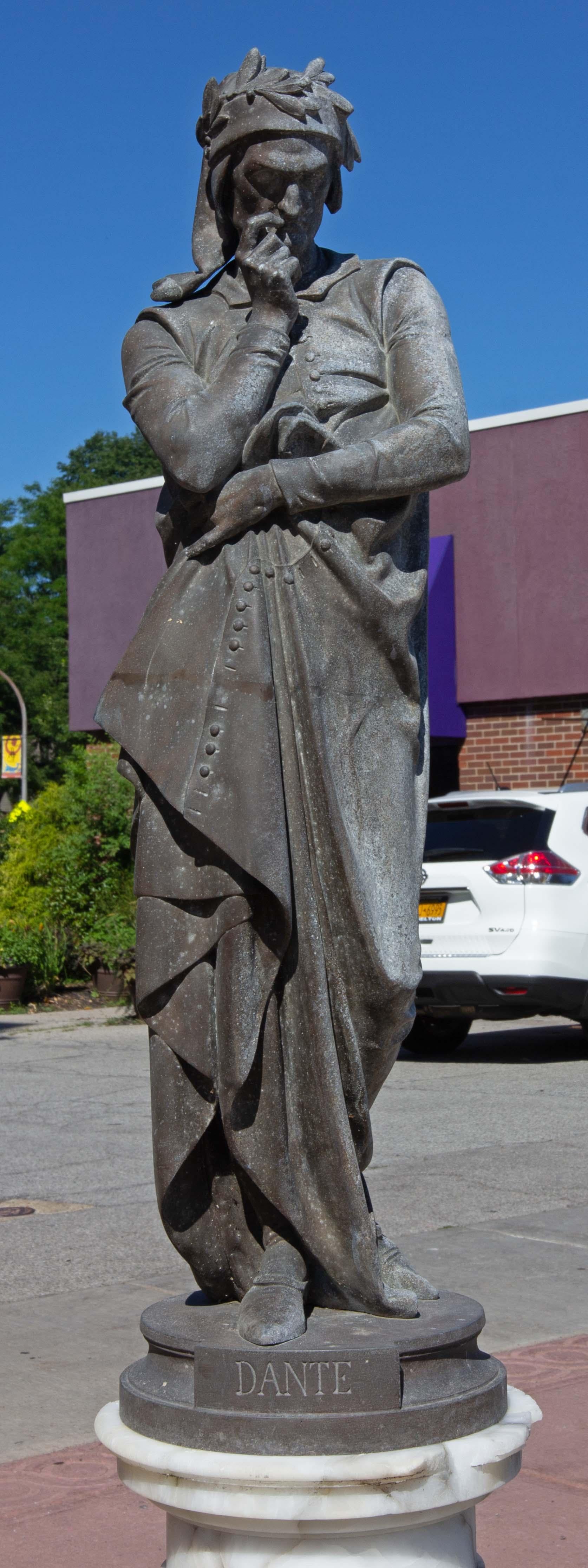 Classical garden sculpture of Dante with marble pedestal, 19th century, French spelter. Measures: Overall height 71