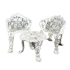 Garden Ser - Two Cast Iron Armchairs & Side Table, Grape & Leaf, Painted, c1930