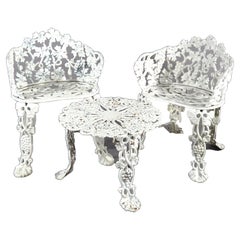 Garden Ser - Two Cast Iron Armchairs & Side Table, Grape & Leaf, Painted, c1930