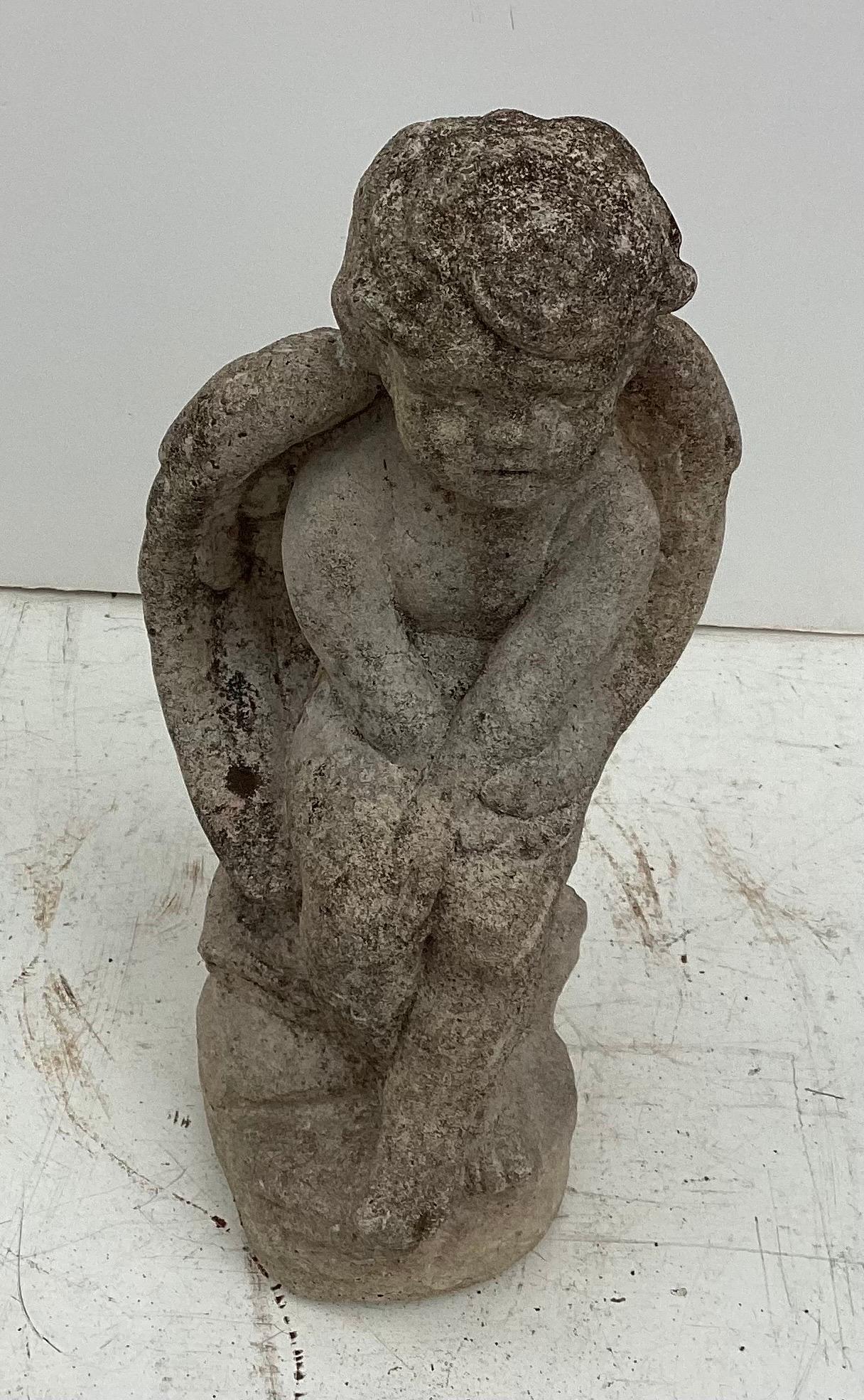Garden Stone Winged Sitting Angel or Cherub In Excellent Condition For Sale In Lambertville, NJ