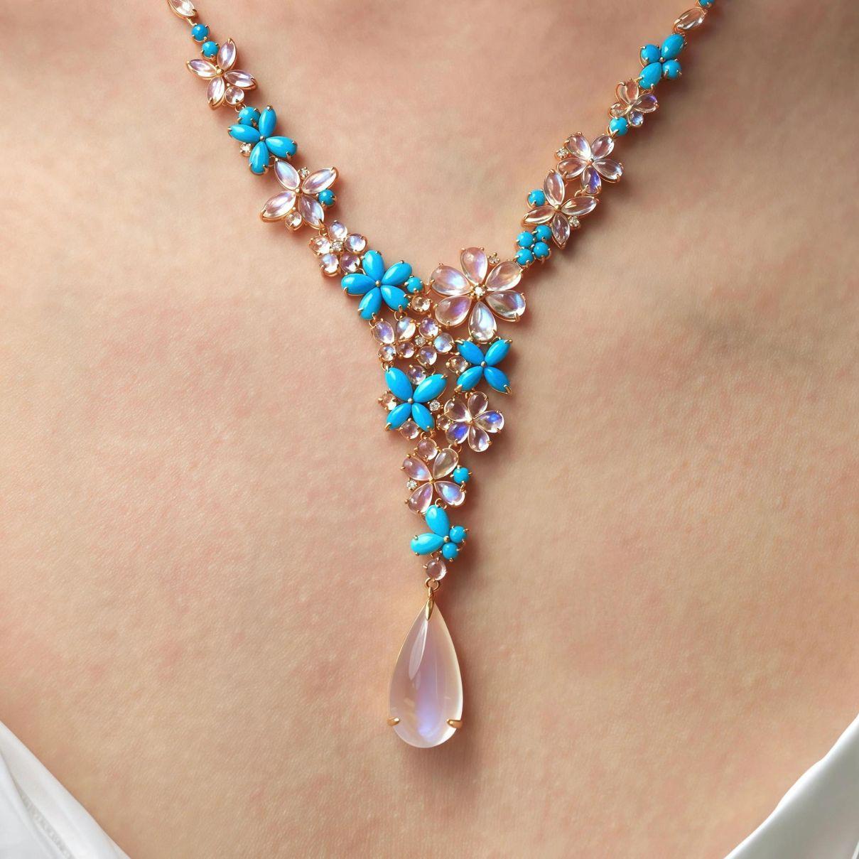 Nina Zhou Symphony Turquoise Moonstone Diamond Necklace For Sale 1