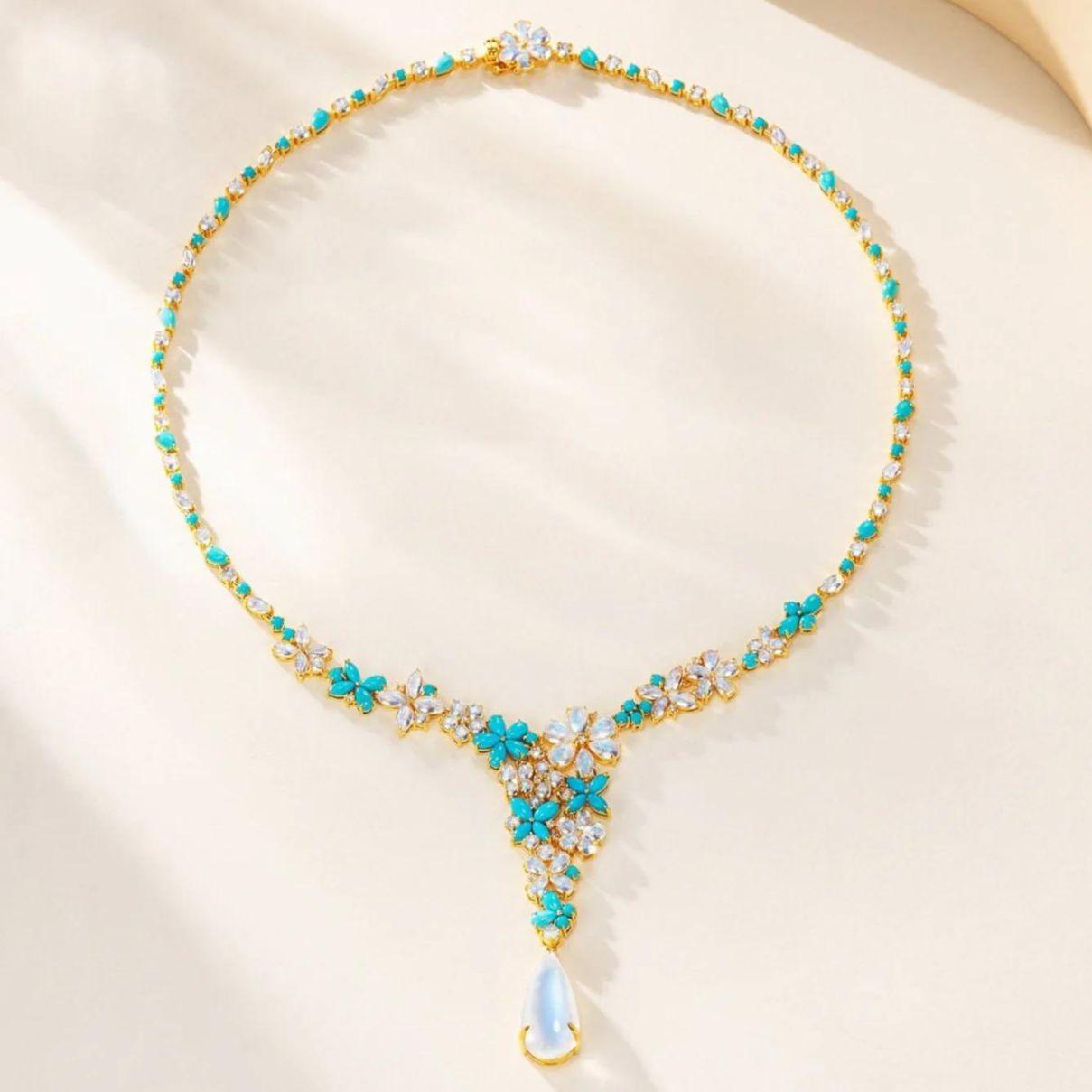 Nina Zhou Symphony Turquoise Moonstone Diamond Necklace In New Condition For Sale In Rowland Heights, CA