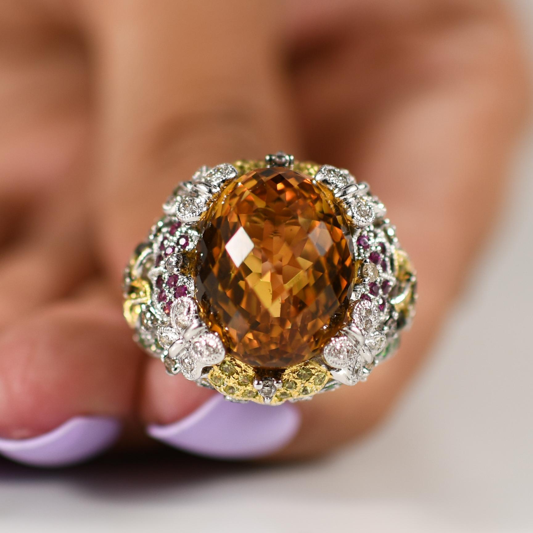 Garten Thema Edelstein Aussage Ring mit Blumen Schmetterling Zinken 14K Gold Damen