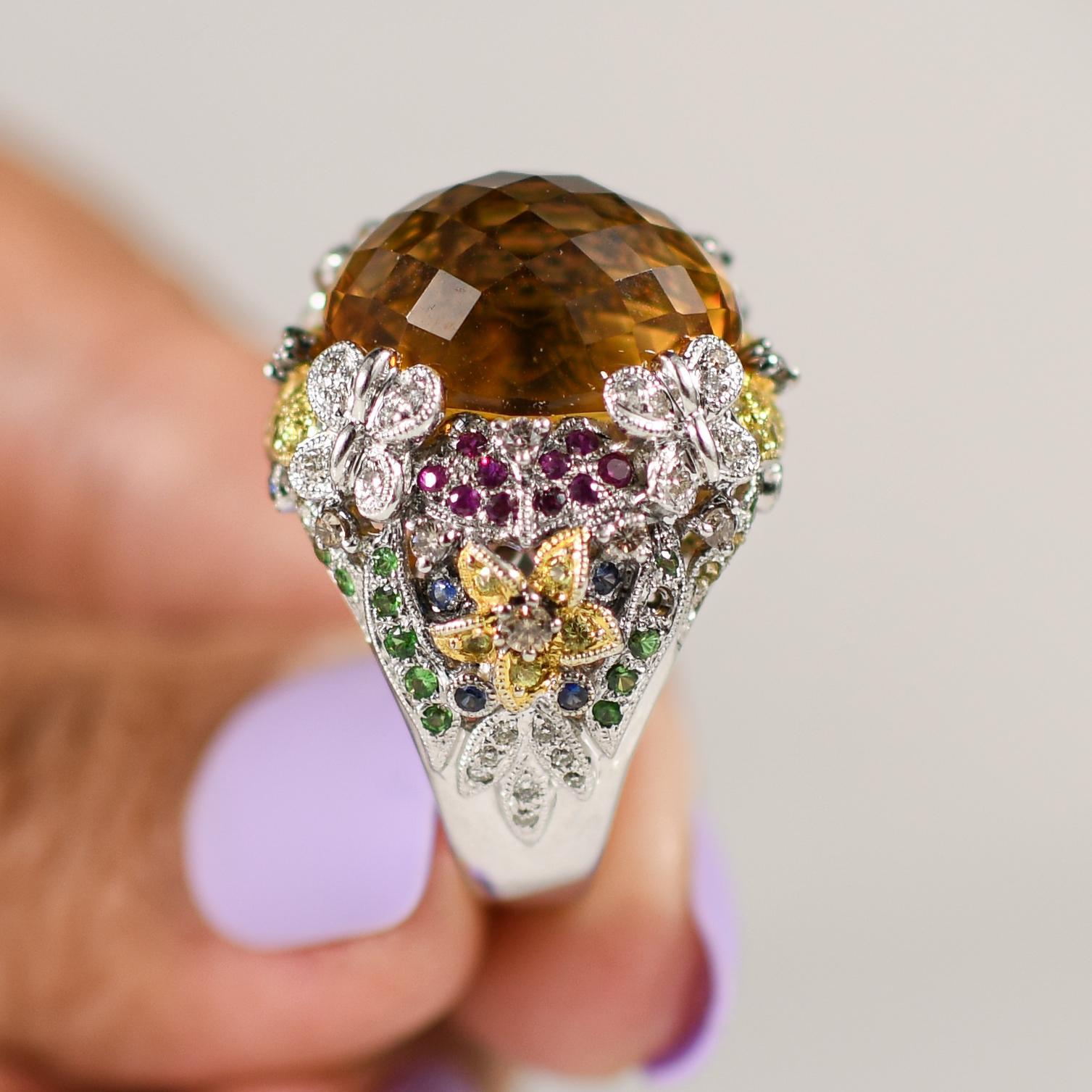 Garten Thema Edelstein Aussage Ring mit Blumen Schmetterling Zinken 14K Gold 1
