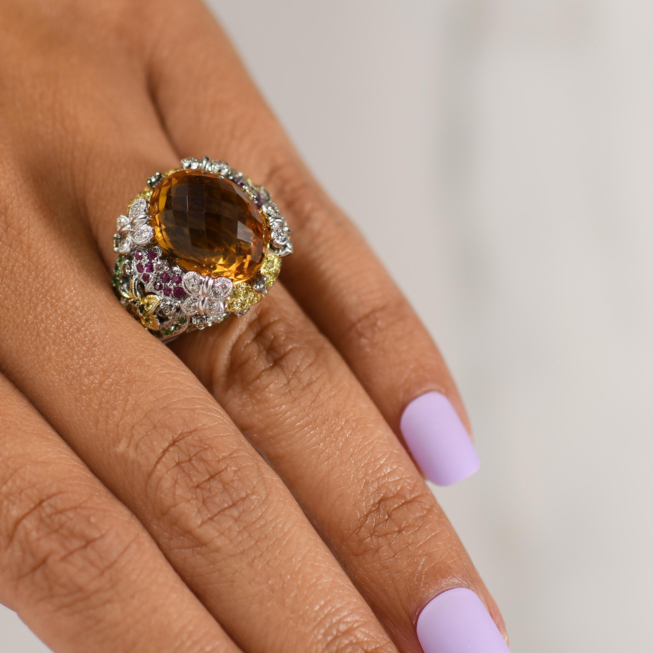 Garten Thema Edelstein Aussage Ring mit Blumen Schmetterling Zinken 14K Gold 2
