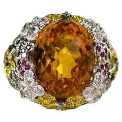 Garden Theme Gemstone Statement Ring Featuring Flowers Butterfly Prongs 14K Gold